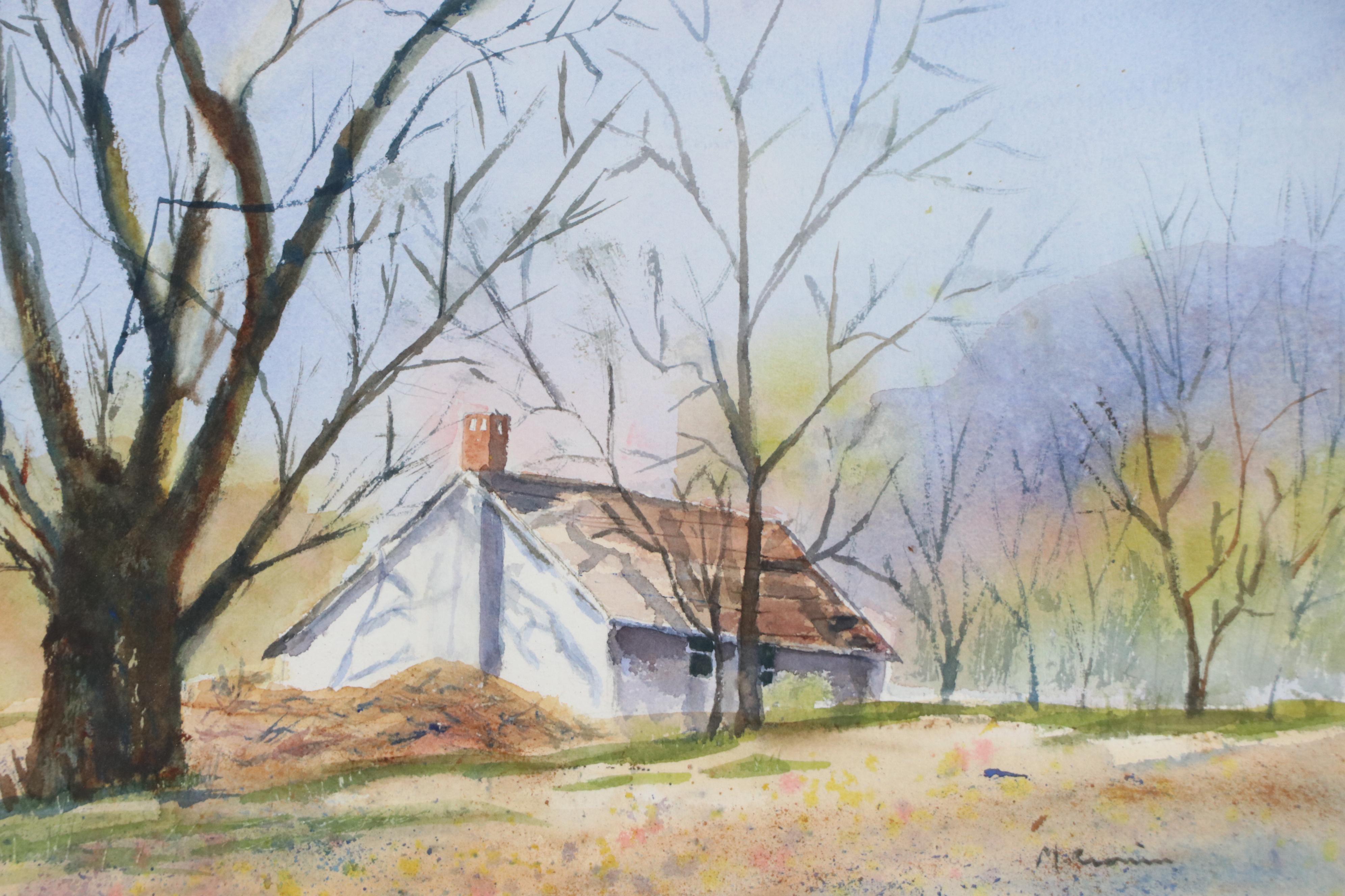 Watercolor Painting of Cottage in Autumn, Late 20th Century