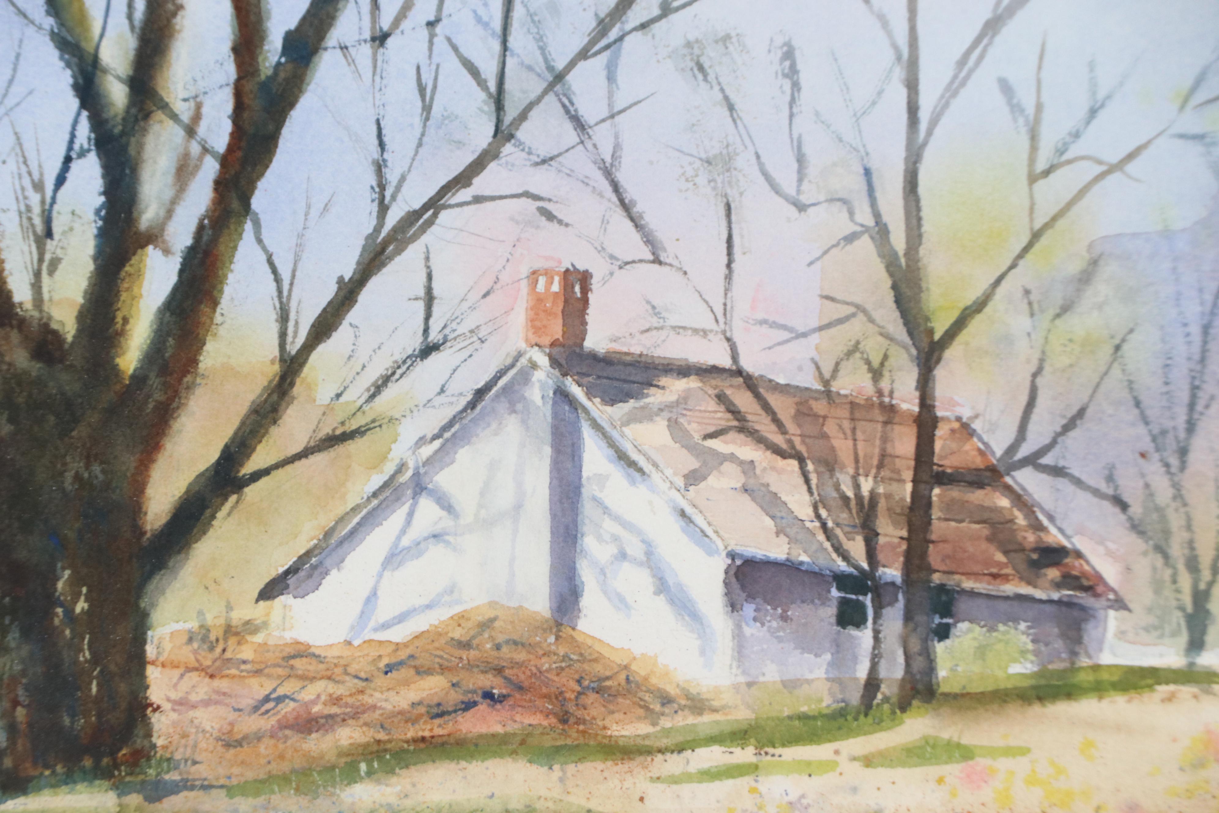 Watercolor Painting of Cottage in Autumn, Late 20th Century