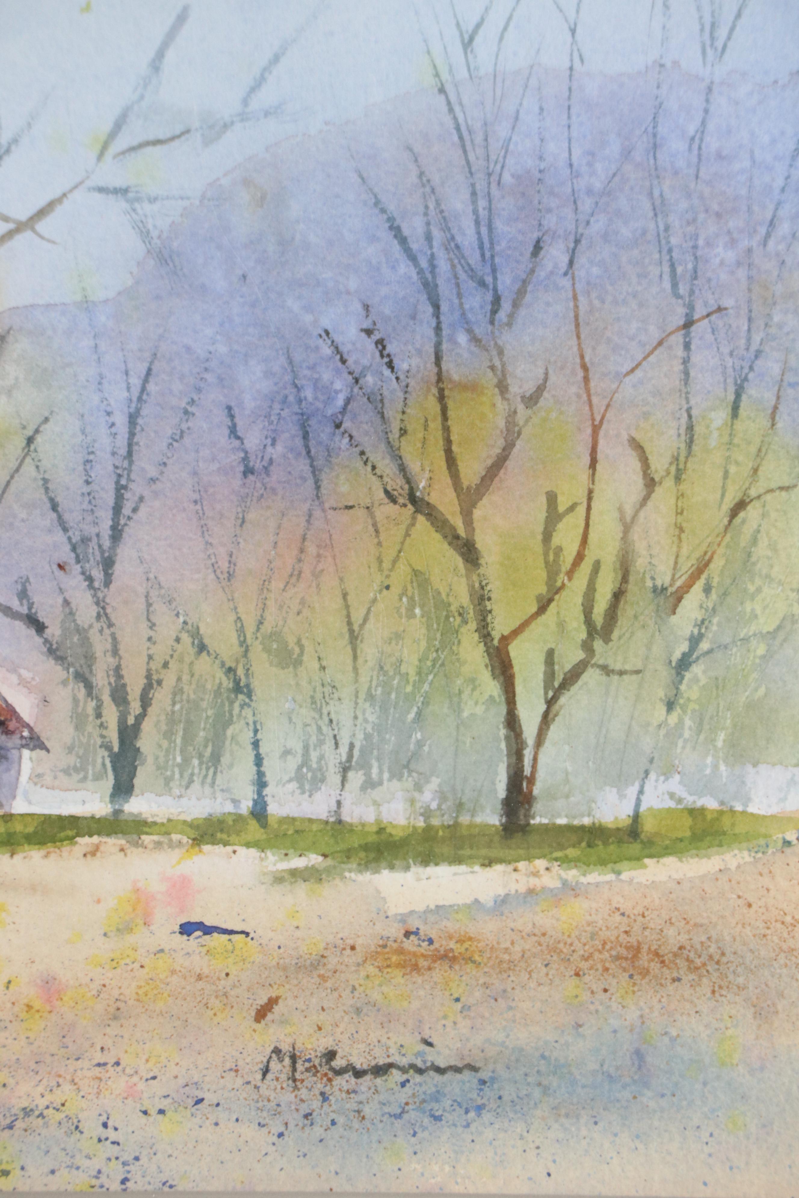 Watercolor Painting of Cottage in Autumn, Late 20th Century