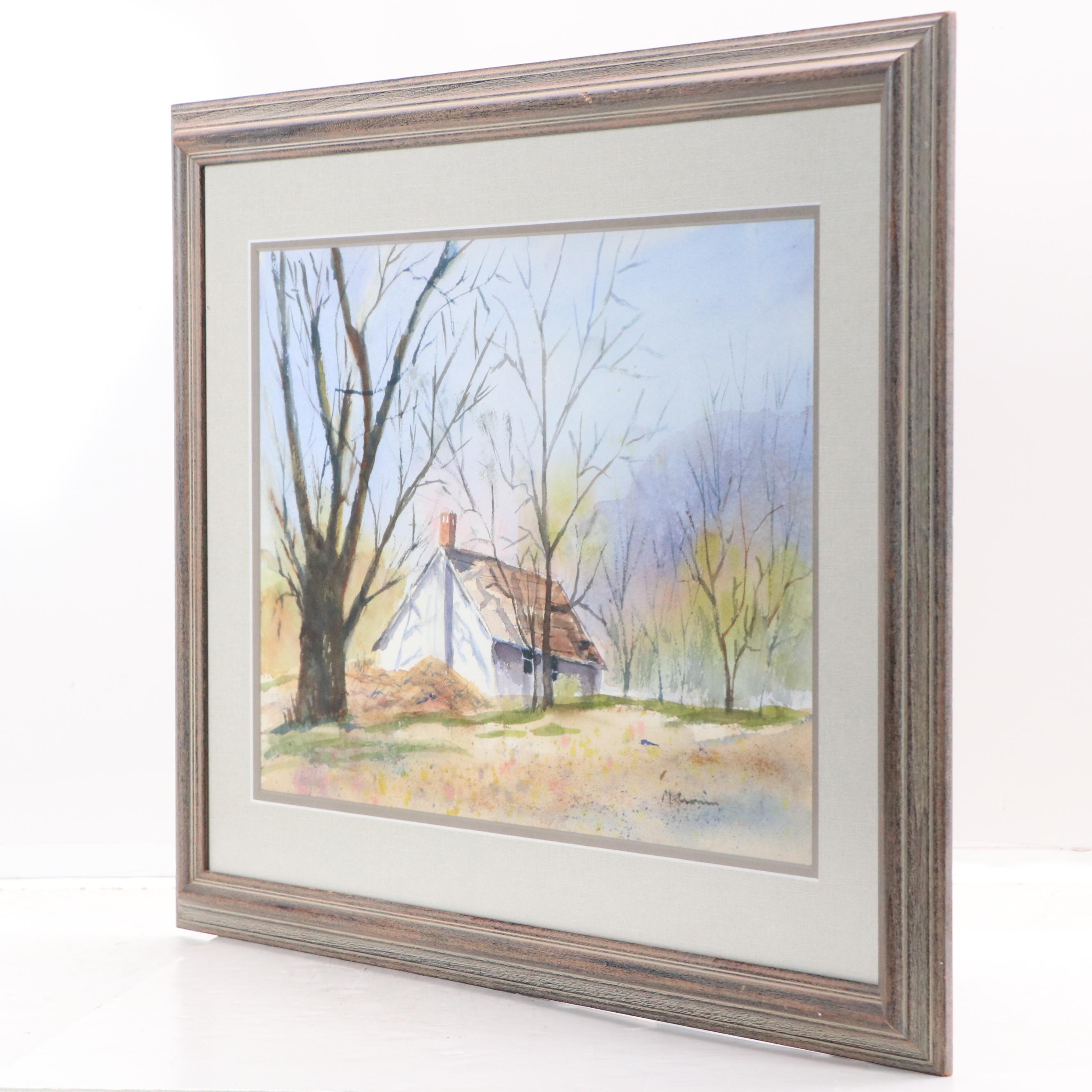 Watercolor Painting of Cottage in Autumn, Late 20th Century