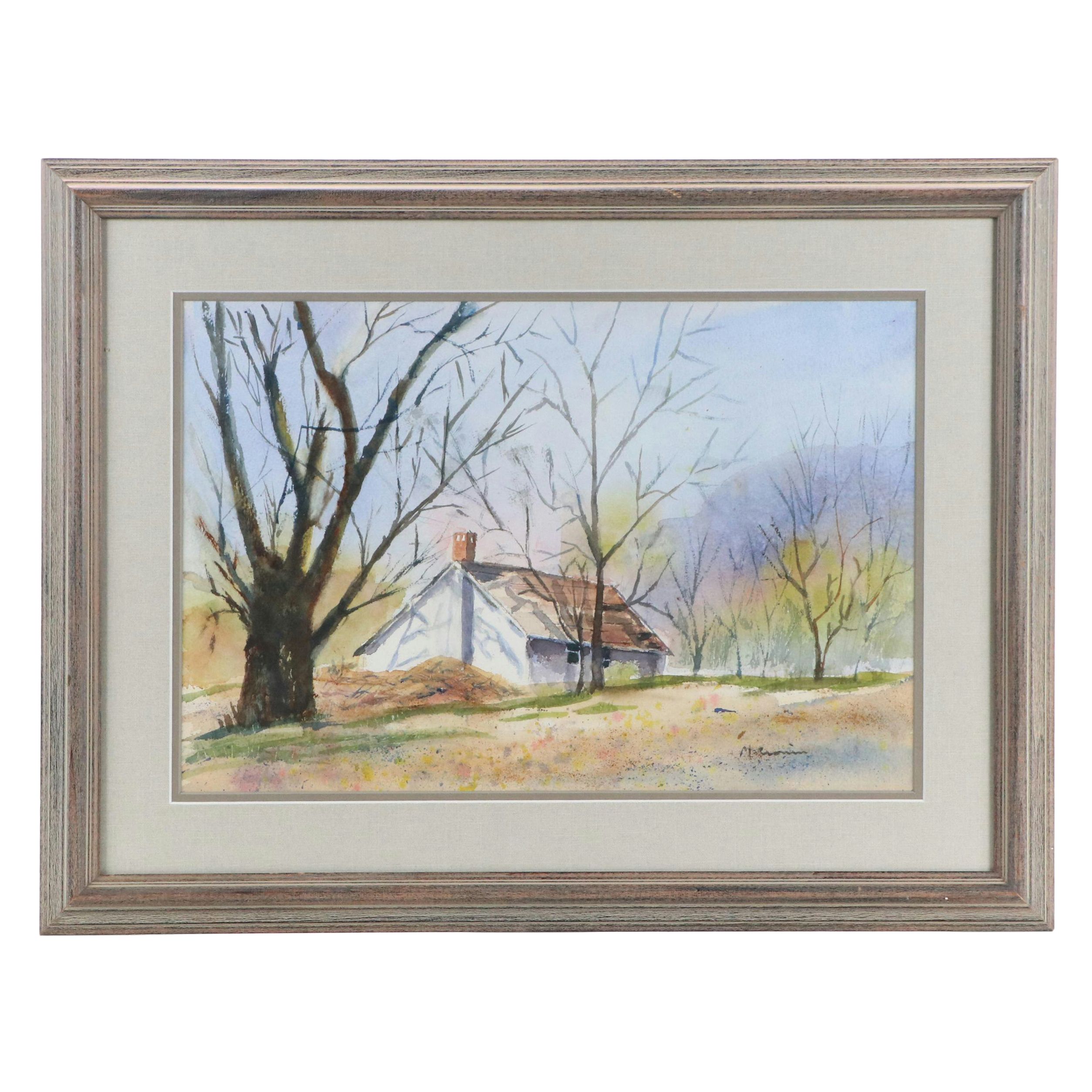 Watercolor Painting of Cottage in Autumn, Late 20th Century