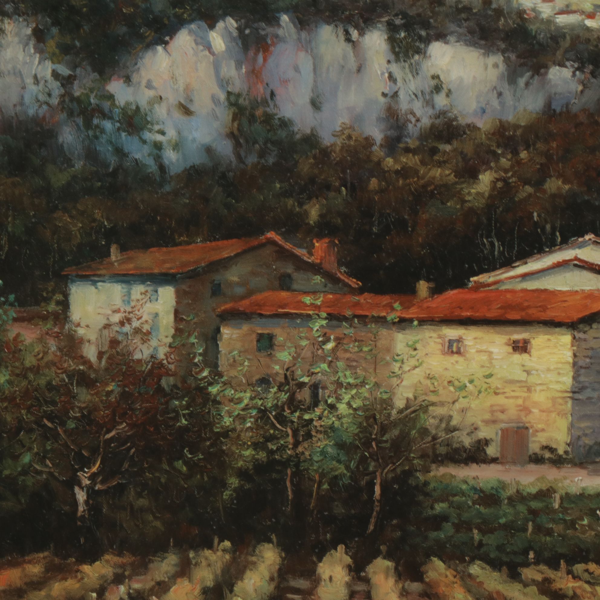 Offset Lithograph of Impressionist Style Landscape of Italian Vineyard