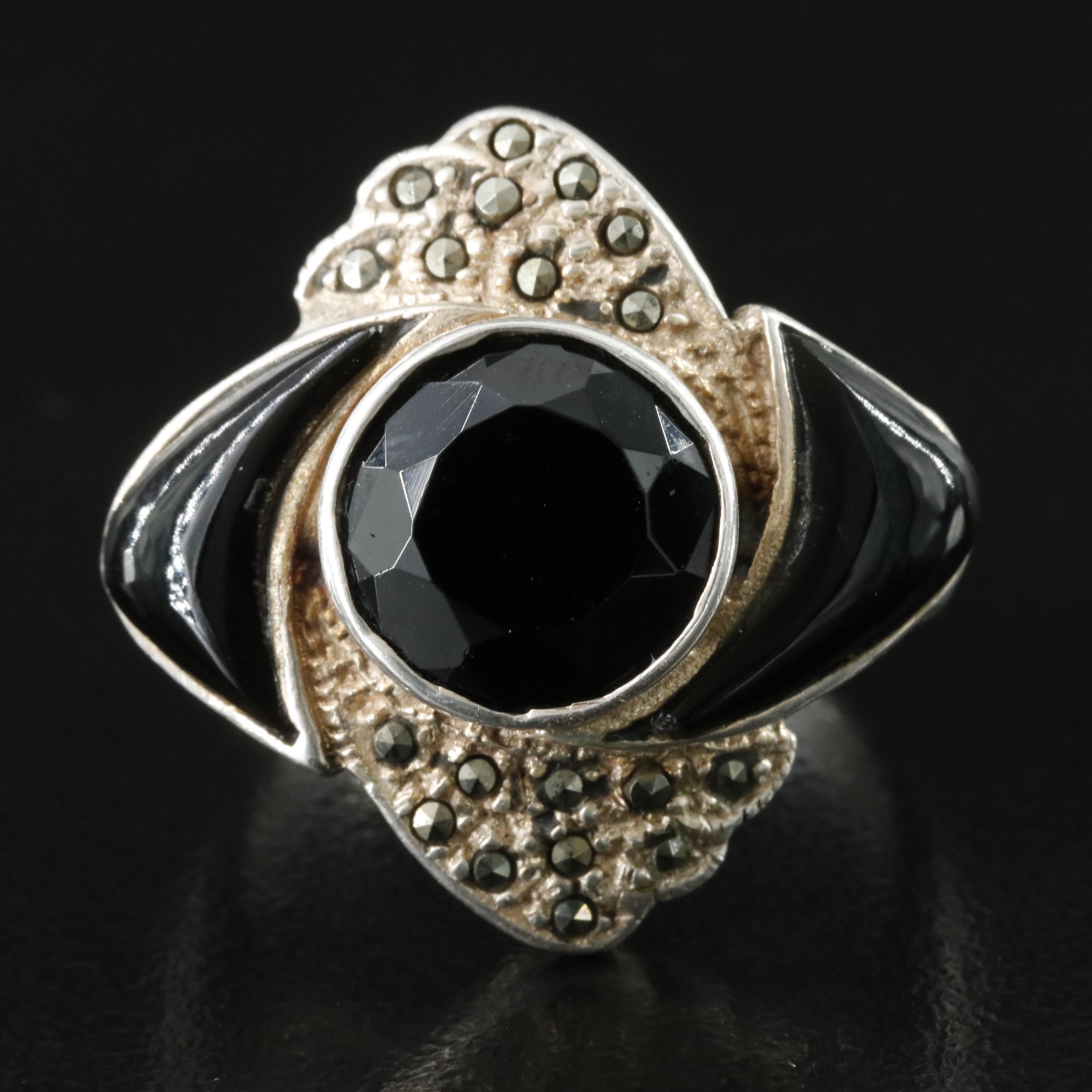Sterling Spinel, Black Onyx and Marcasite Ring
