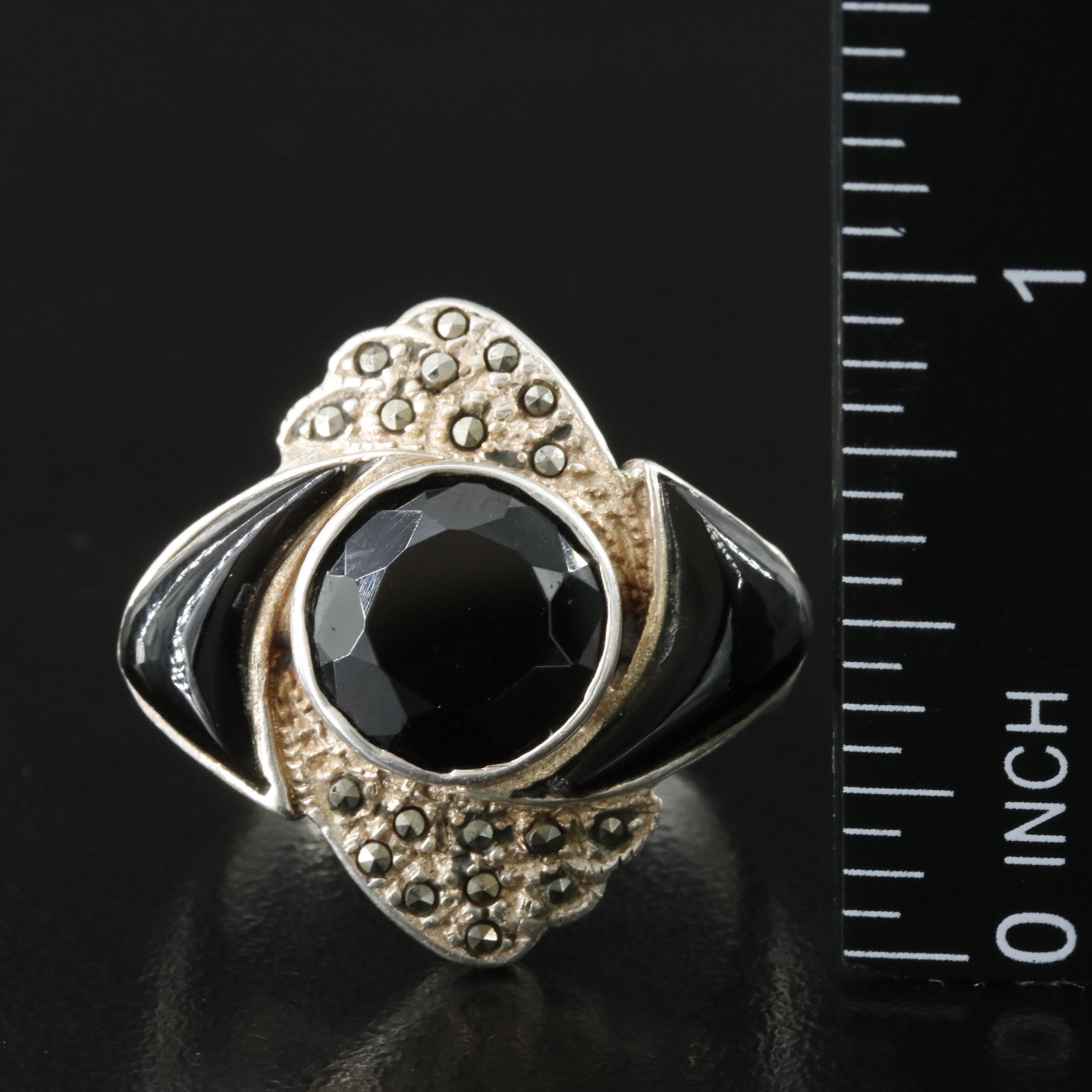 Sterling Spinel, Black Onyx and Marcasite Ring