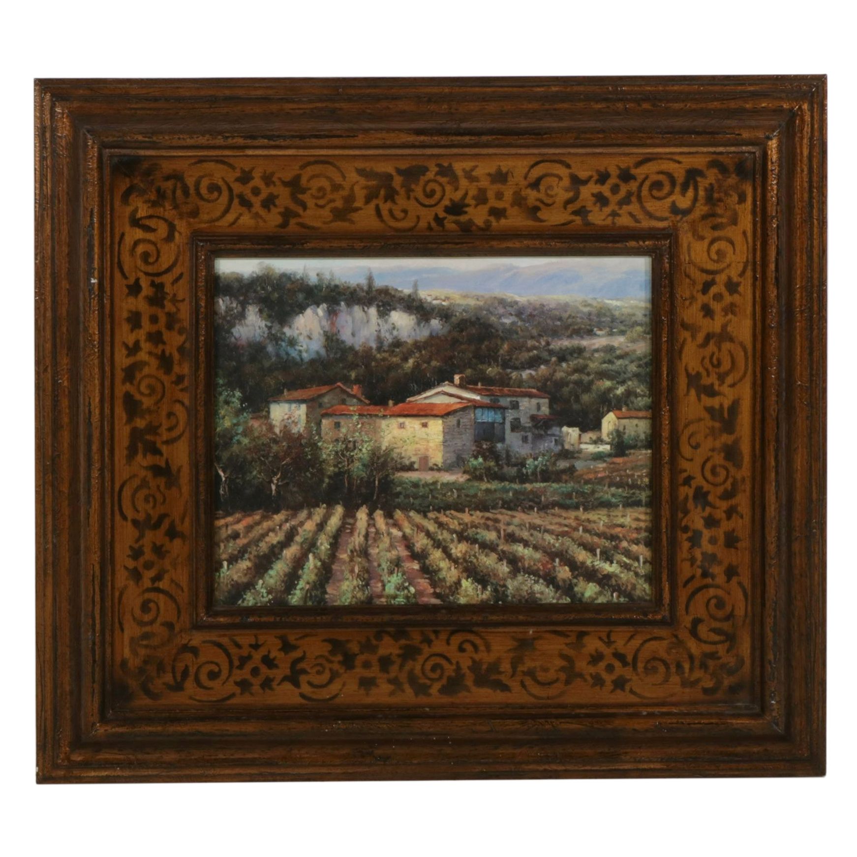 Offset Lithograph of Impressionist Style Landscape of Italian Vineyard
