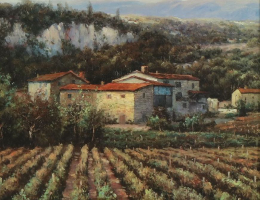 Offset Lithograph of Impressionist Style Landscape of Italian Vineyard