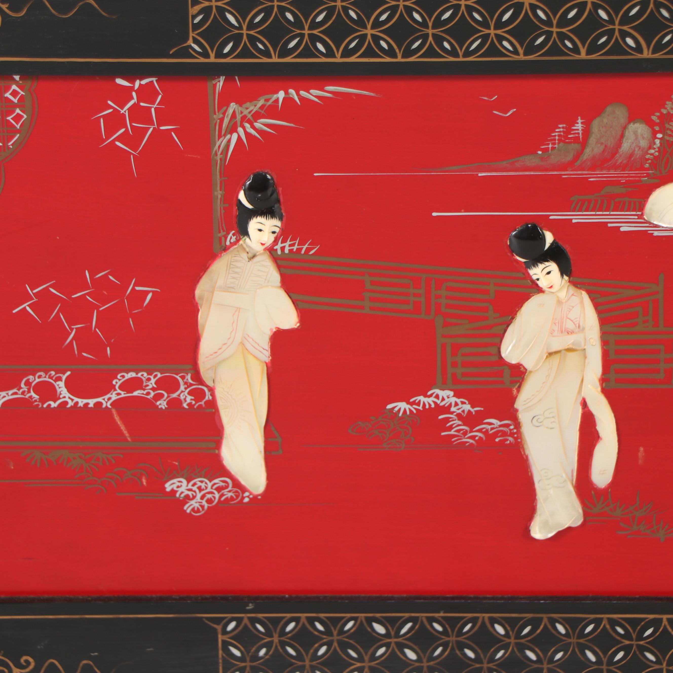 Chinese Hand-Decorated Lacquered Wood Chest Coffee Table