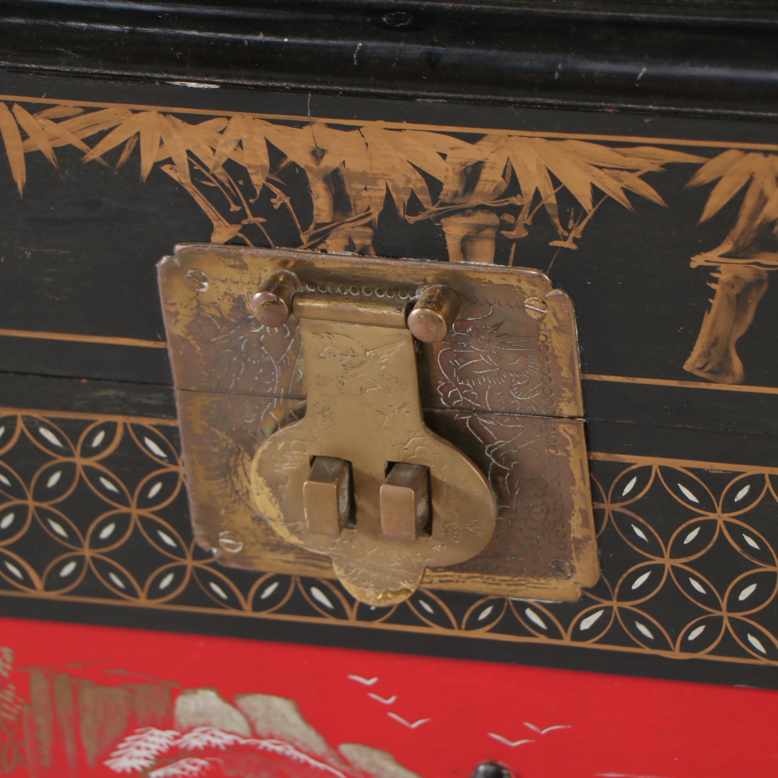 Chinese Hand-Decorated Lacquered Wood Chest Coffee Table