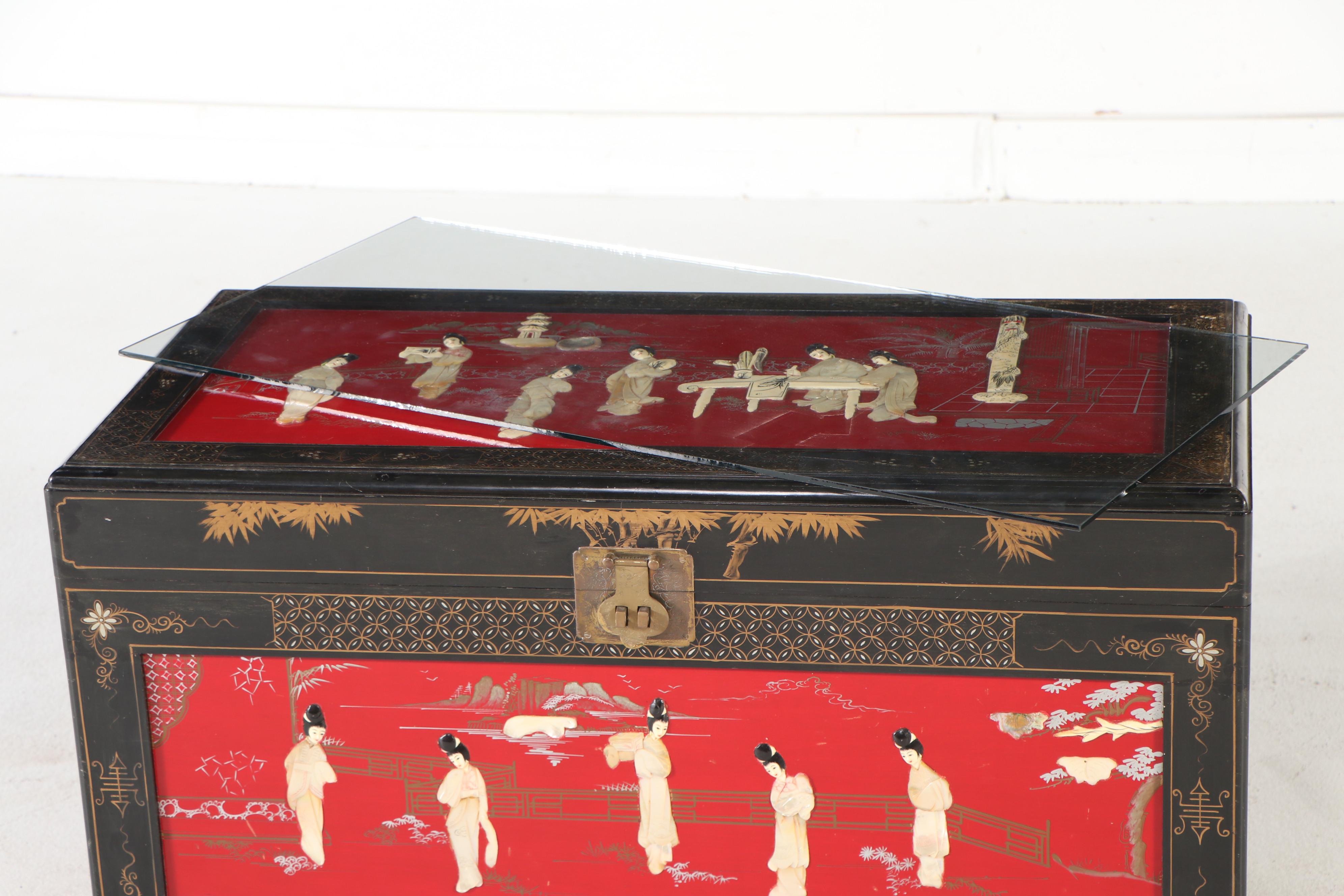 Chinese Hand-Decorated Lacquered Wood Chest Coffee Table
