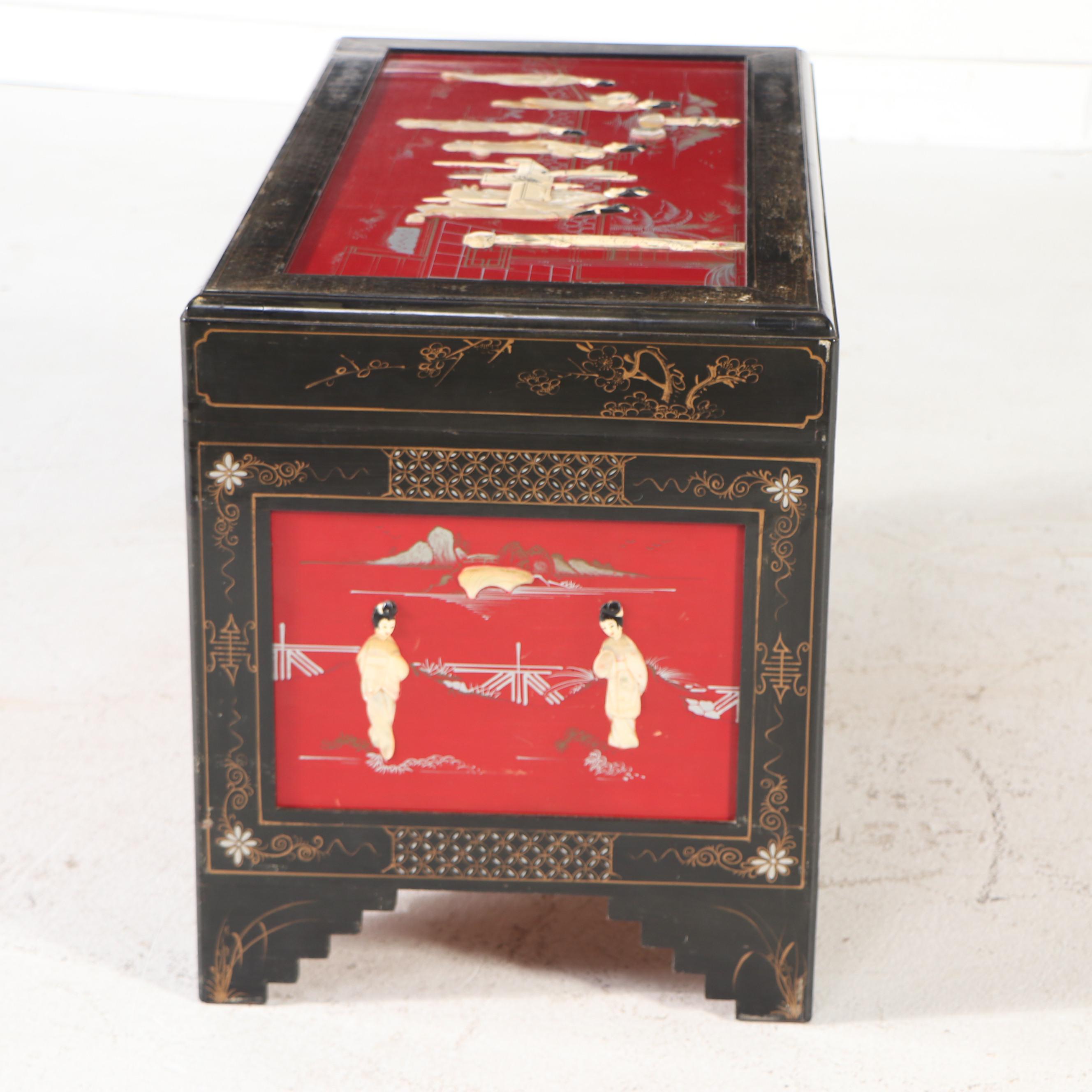 Chinese Hand-Decorated Lacquered Wood Chest Coffee Table