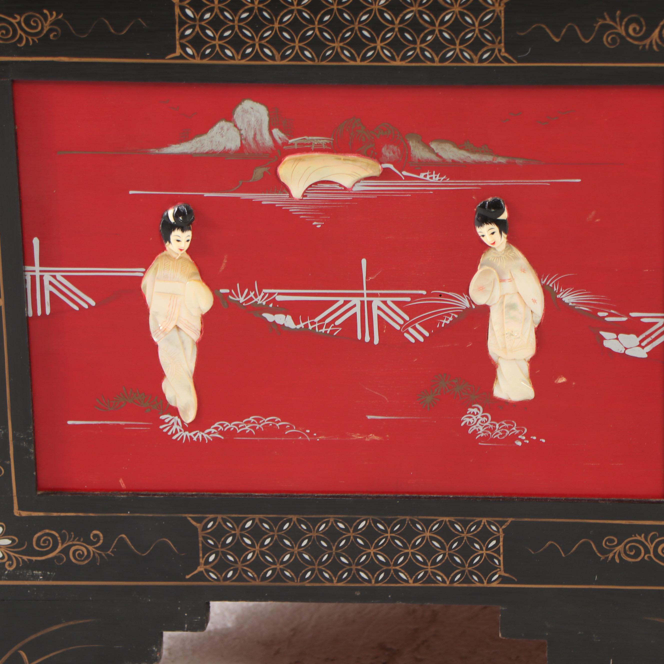 Chinese Hand-Decorated Lacquered Wood Chest Coffee Table