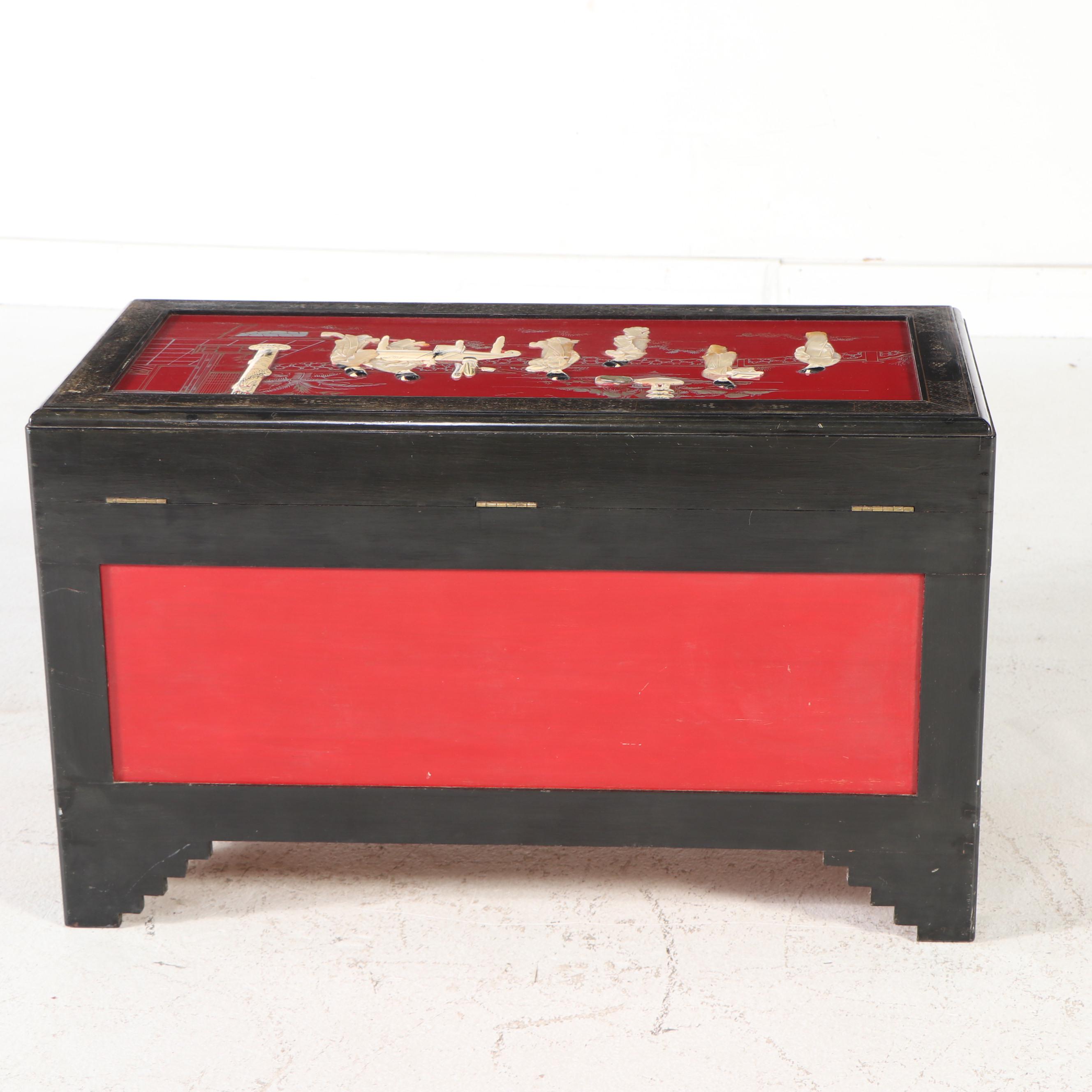 Chinese Hand-Decorated Lacquered Wood Chest Coffee Table