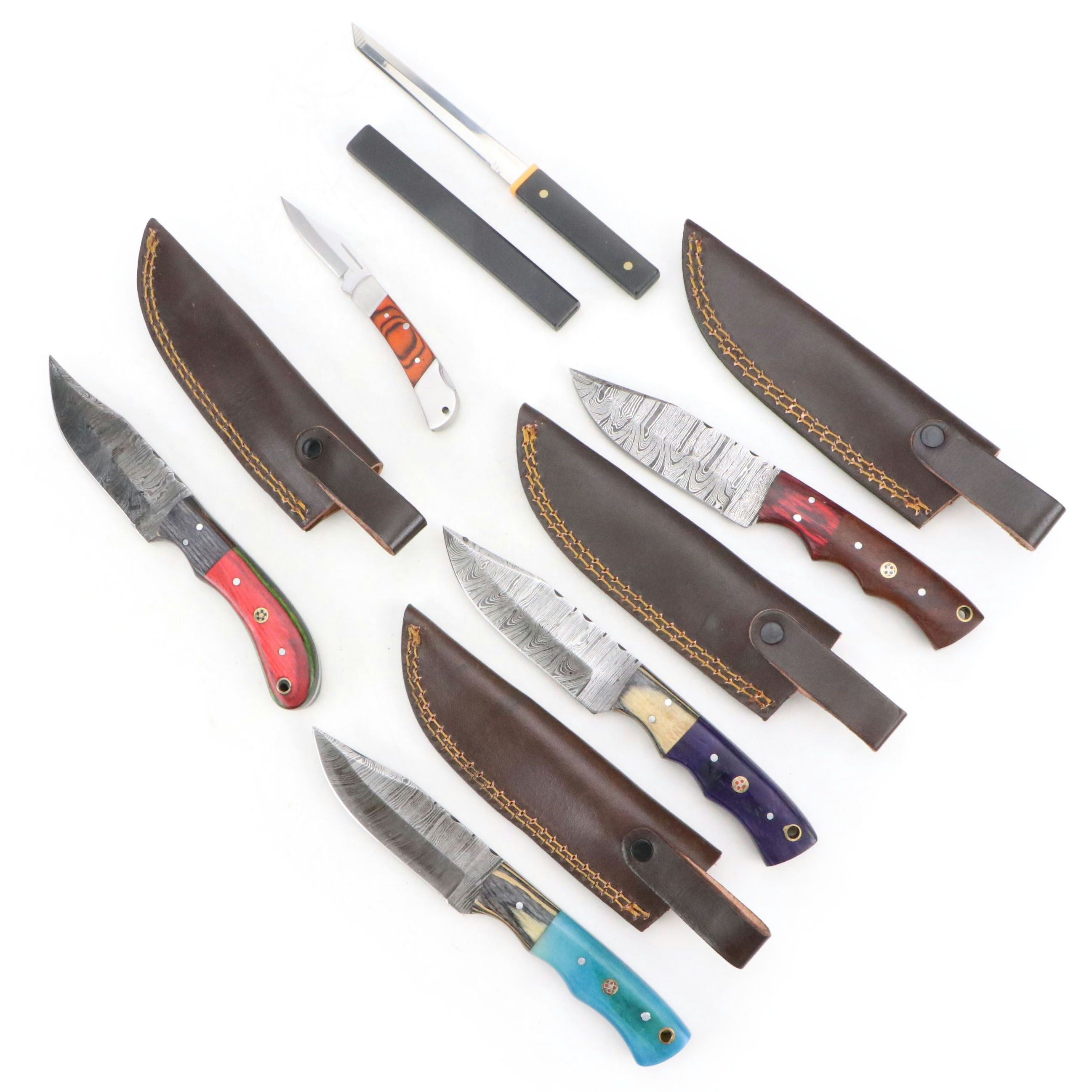 Damascus Steel Hunting Knives, Tantō Blade and Folding Knife