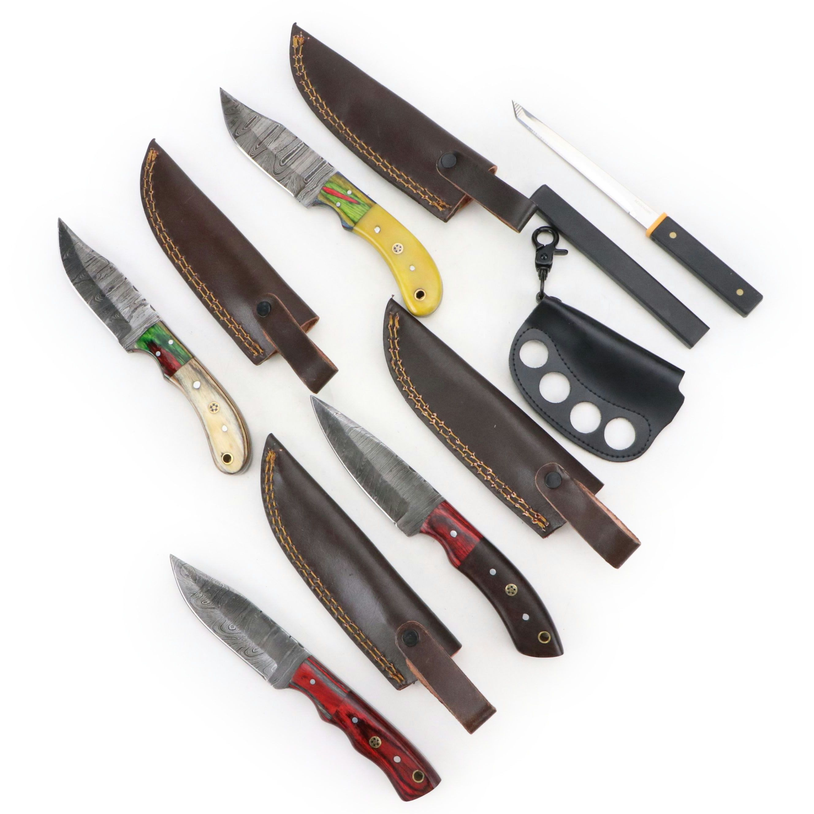 Damascus Steel Hunting Knives, Tantō Blade and Scabbard