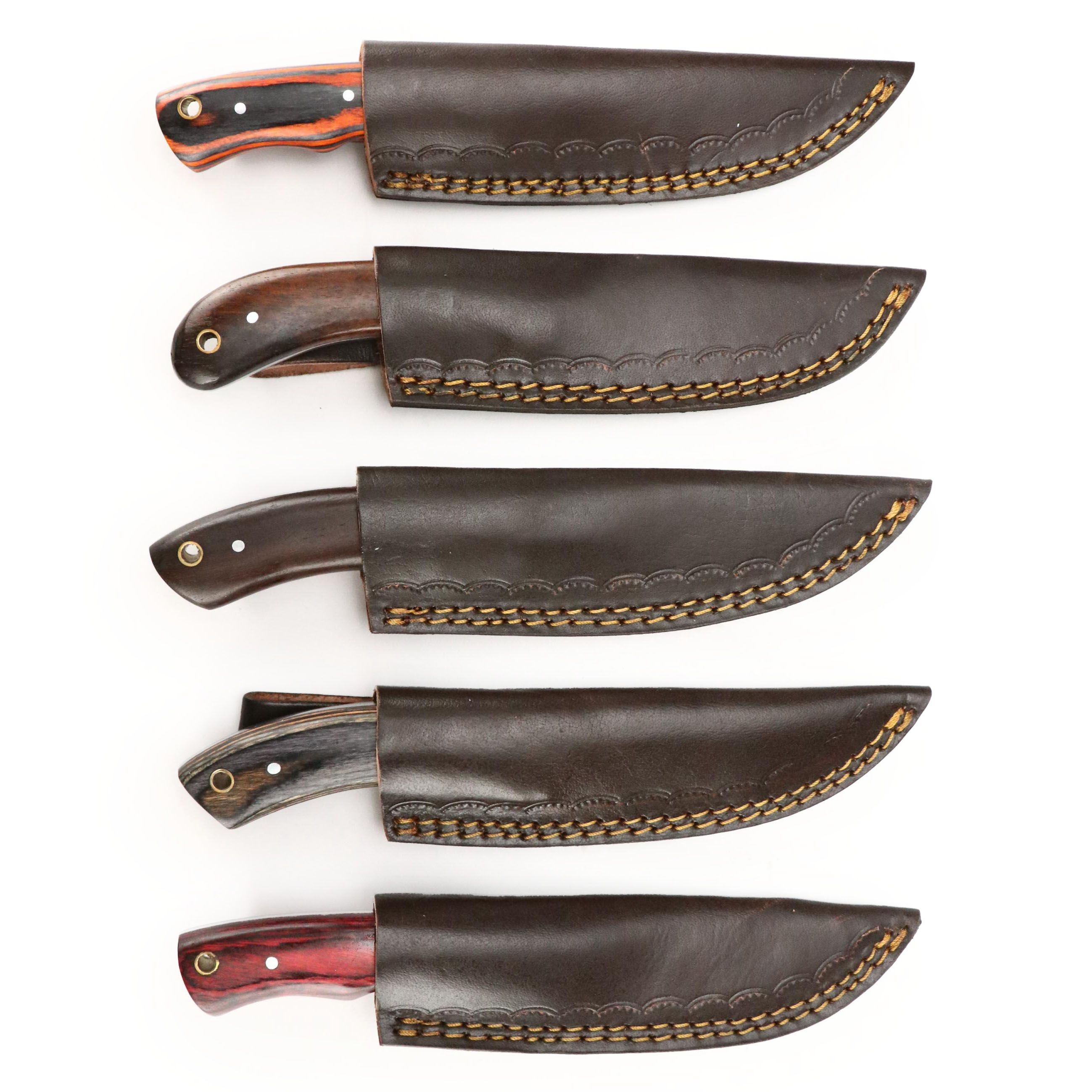 Damascus Steel and Wooden Handled Hunting Knives in Leather Scabbards