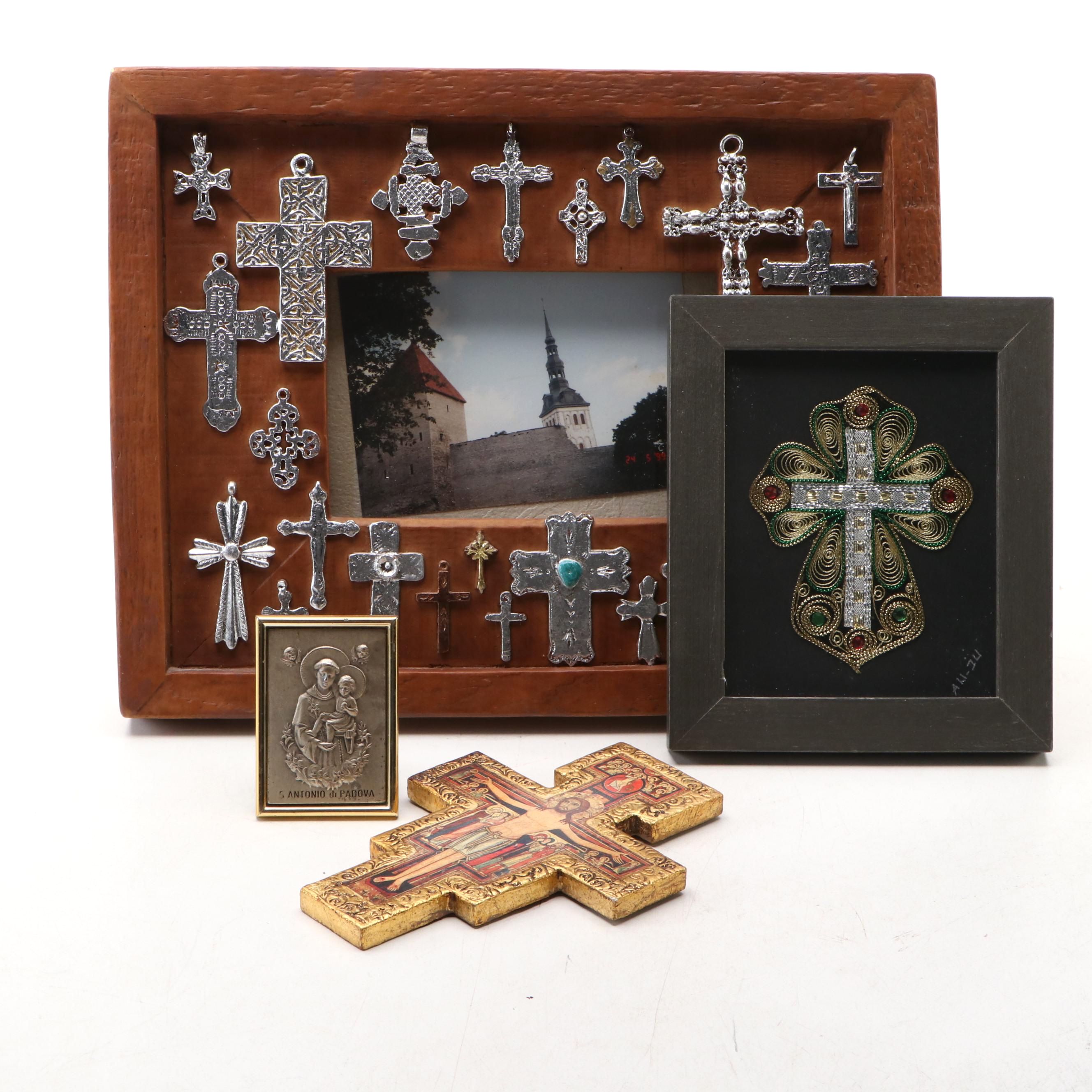 Macedonian Framed Cross, Italian Carved Giltwood Cross, and More Religious Décor