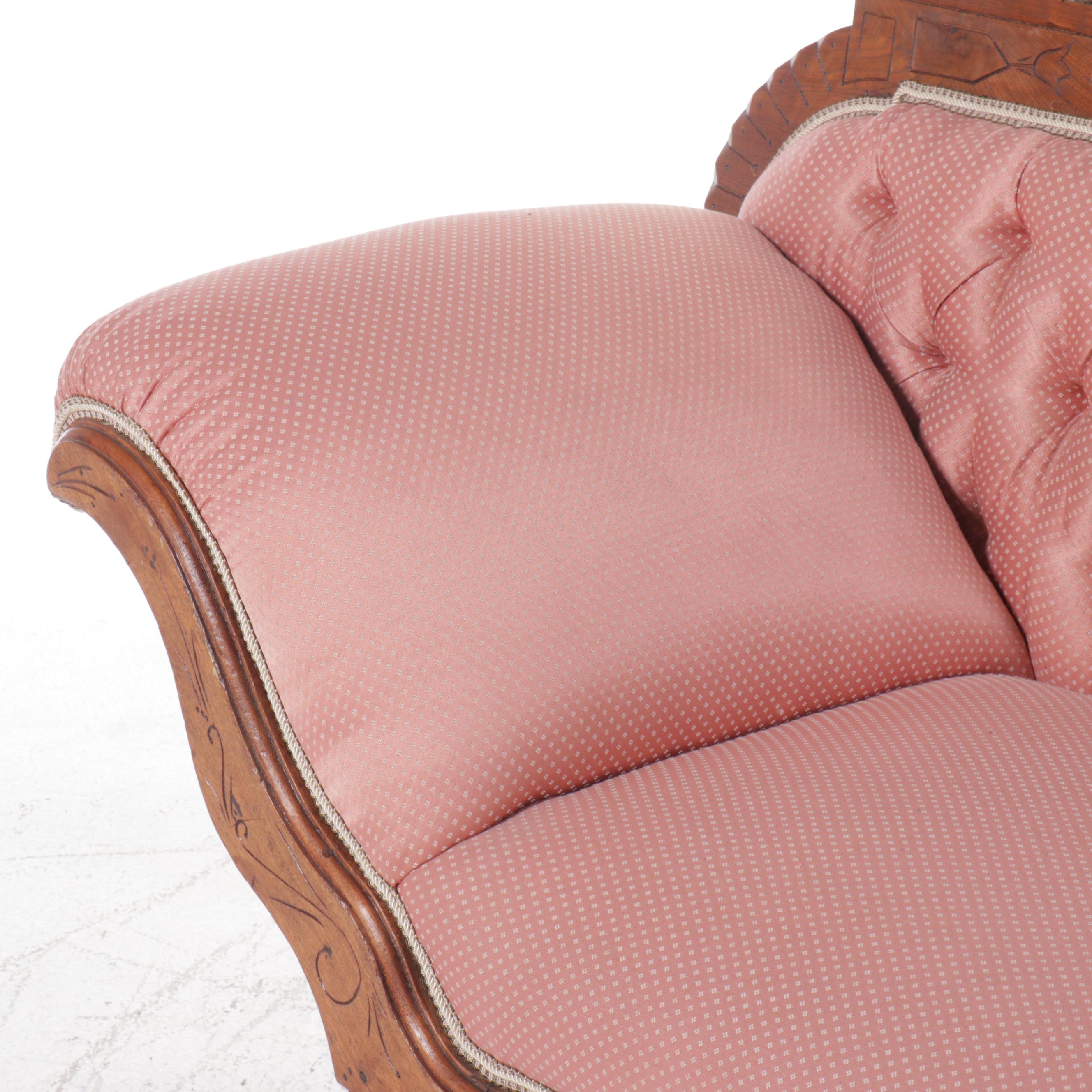 Victorian Eastlake Button-Tufted Fabric Upholstered Carved Walnut Recamier