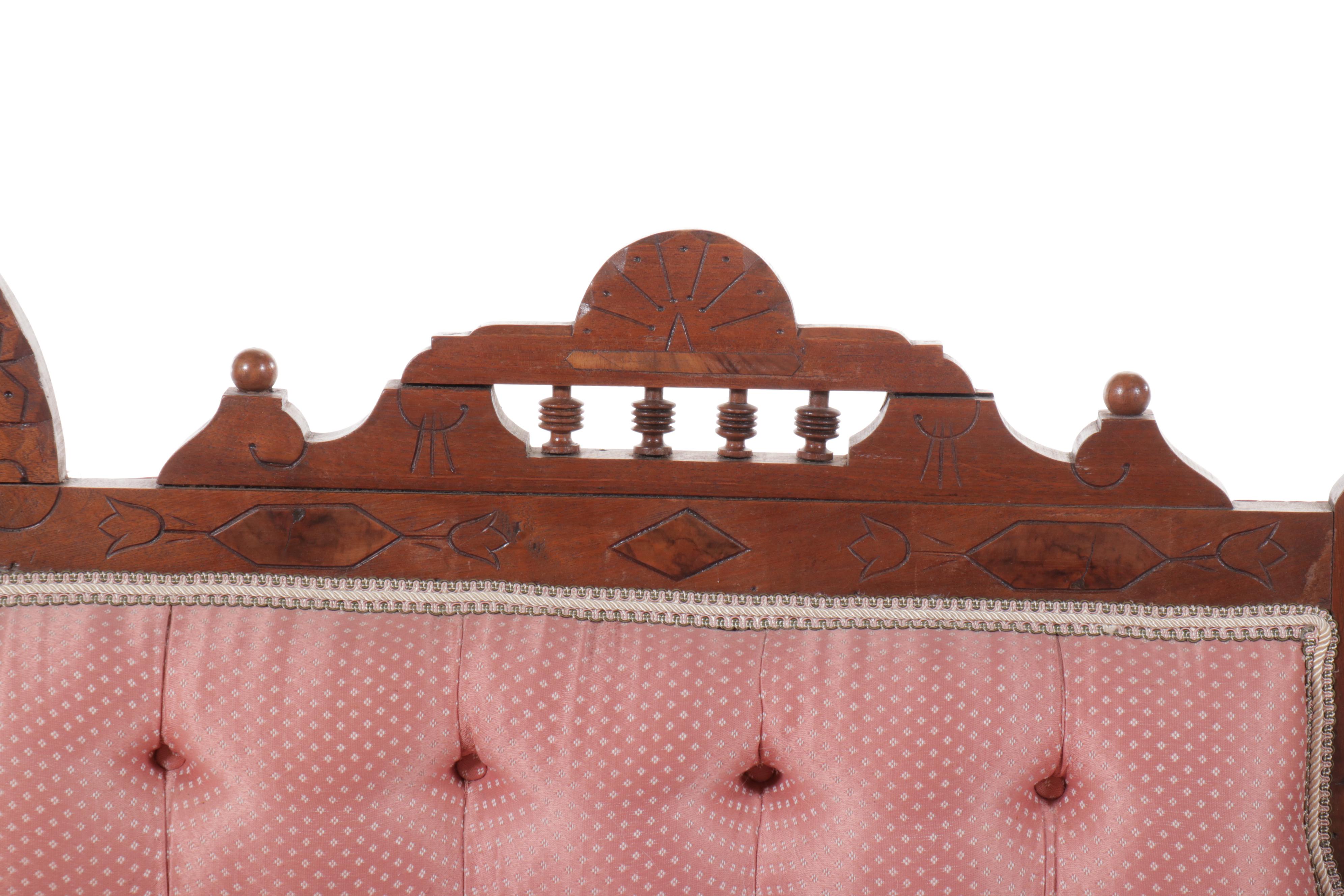 Victorian Eastlake Button-Tufted Fabric Upholstered Carved Walnut Recamier