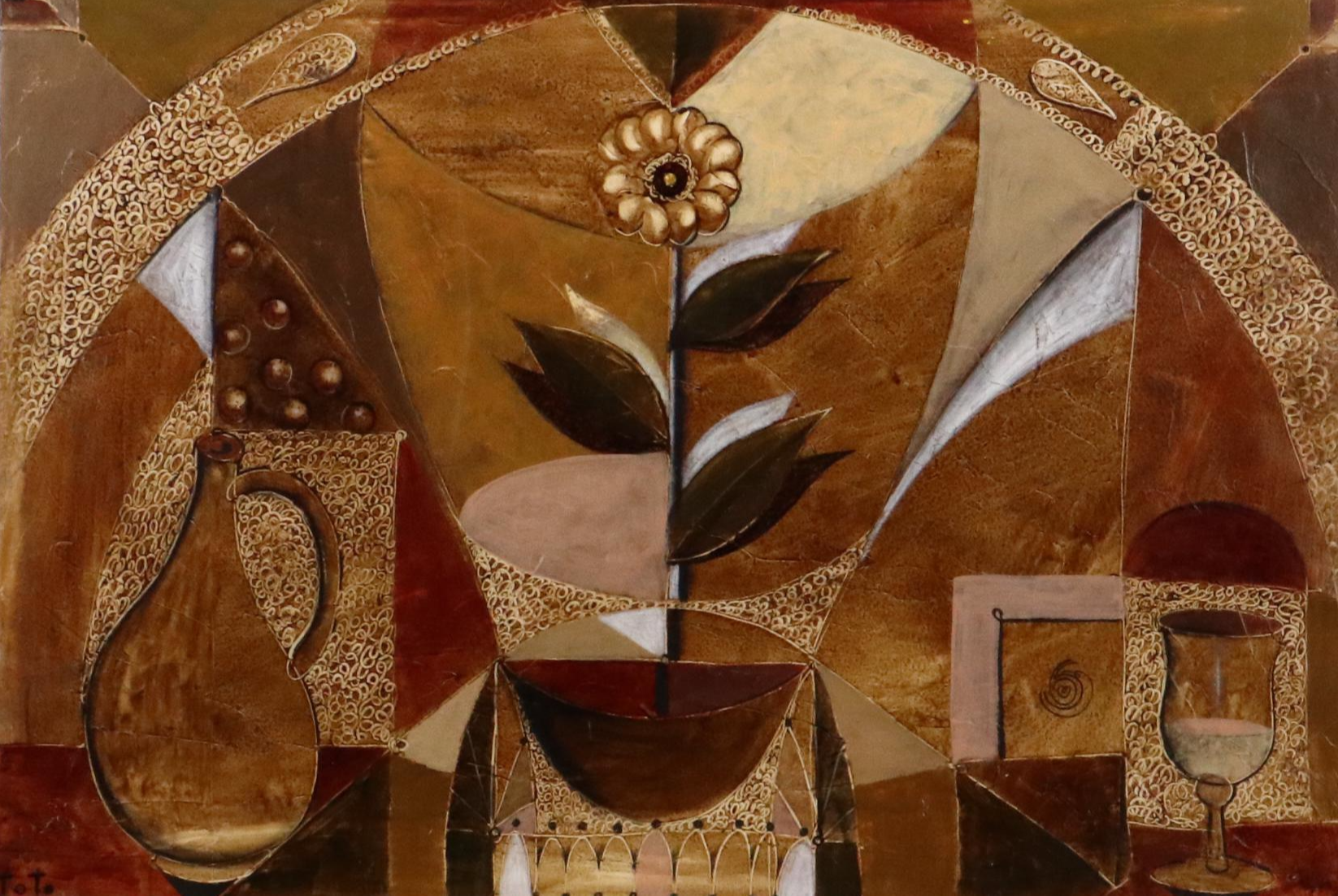 Abstract Mixed Media Painting of Floral Still Life, 21st Century