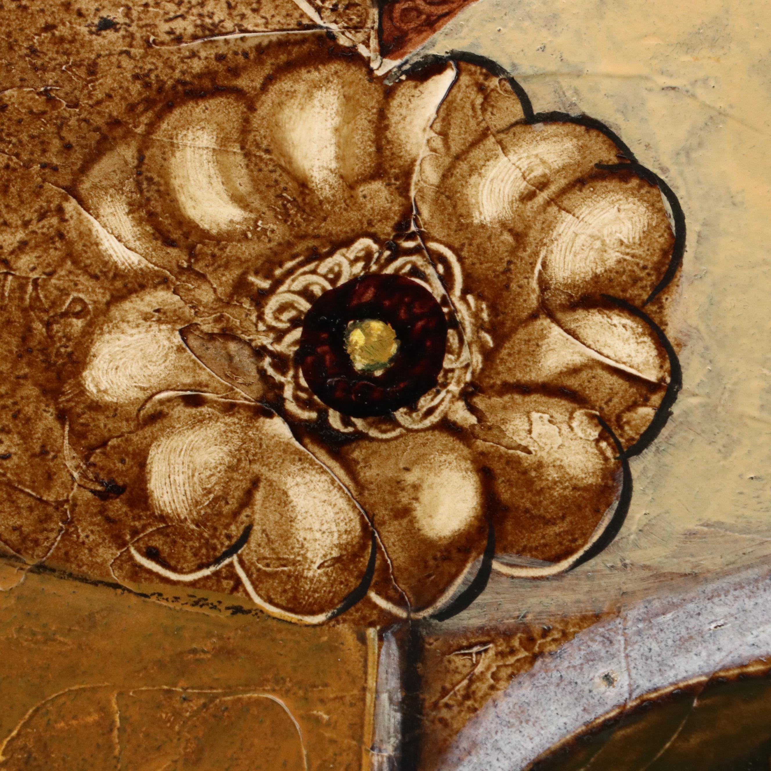 Abstract Mixed Media Painting of Floral Still Life, 21st Century