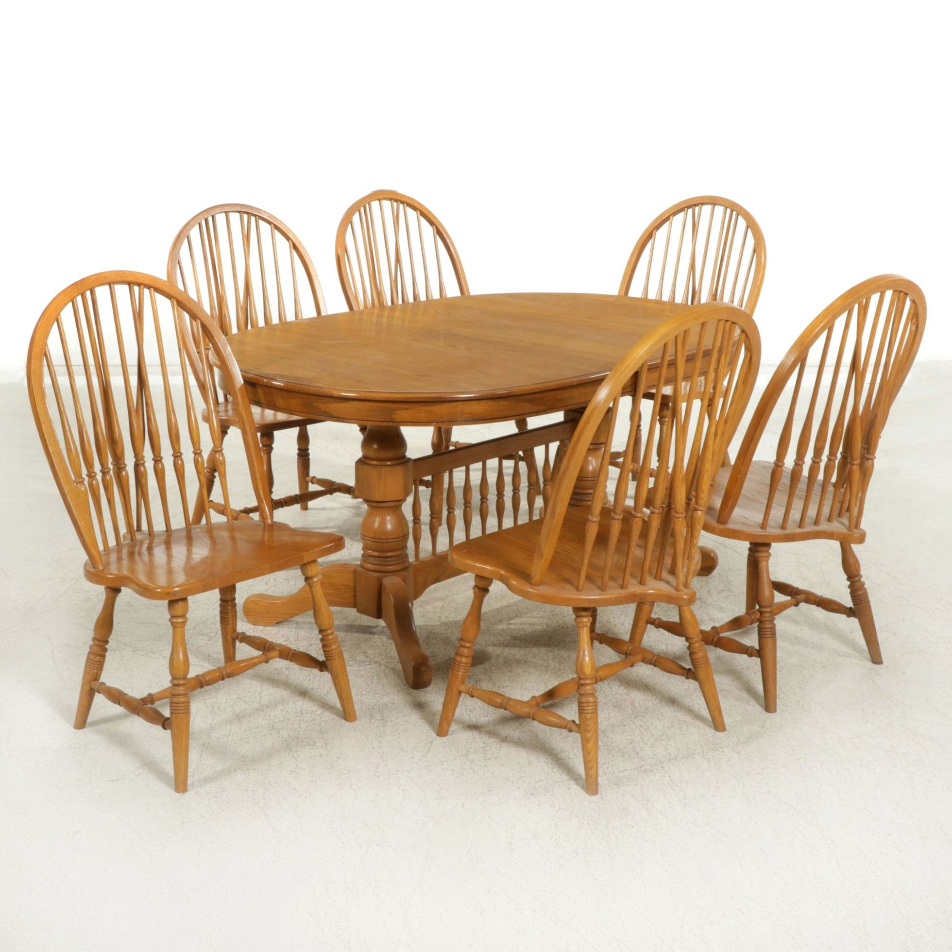 Keller Furniture Oak Dining Table with Six Windsor Chairs, Late 20th Century