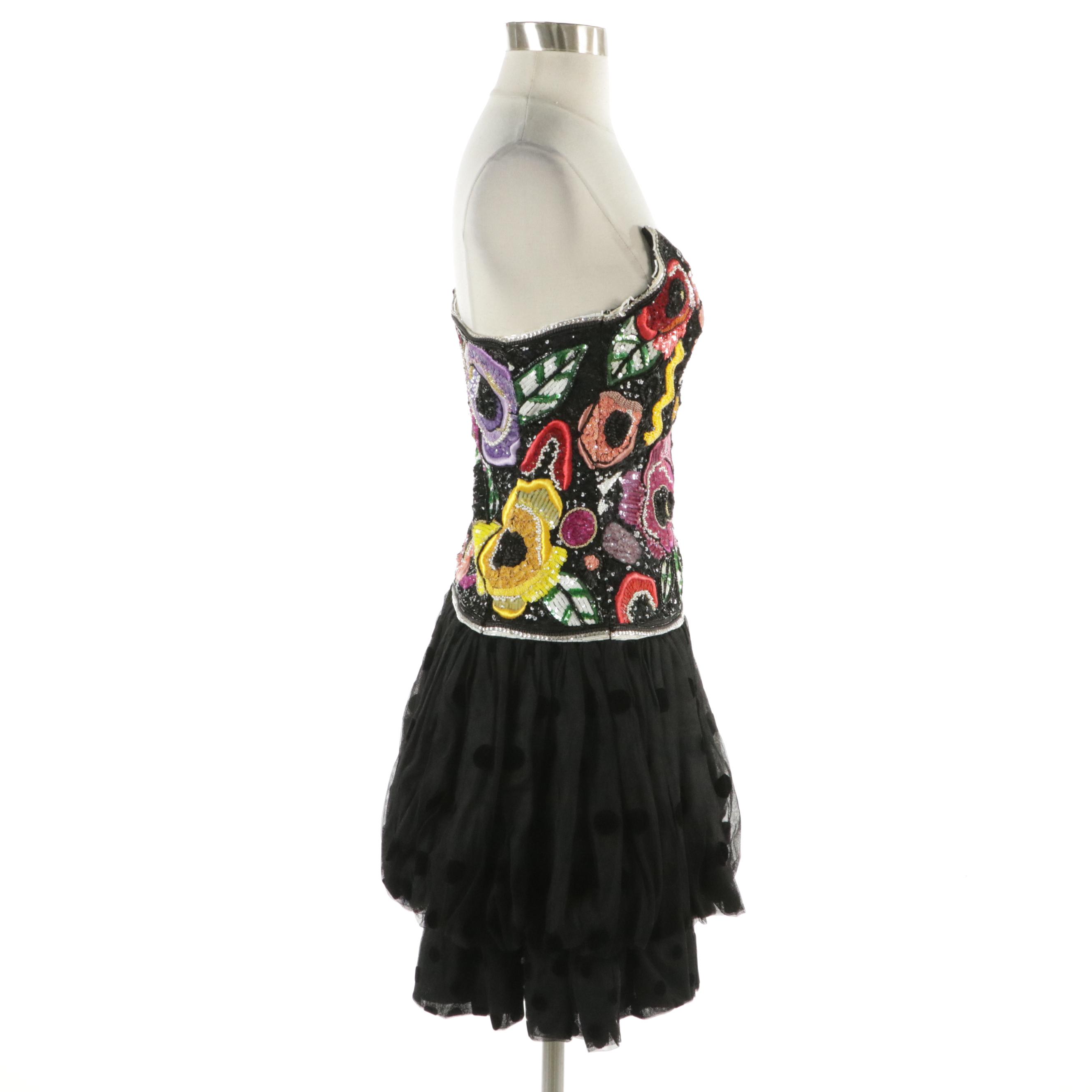Louis Féraud Floral Bead/Sequin Embellished and Embroidered Party Dress, 1980s