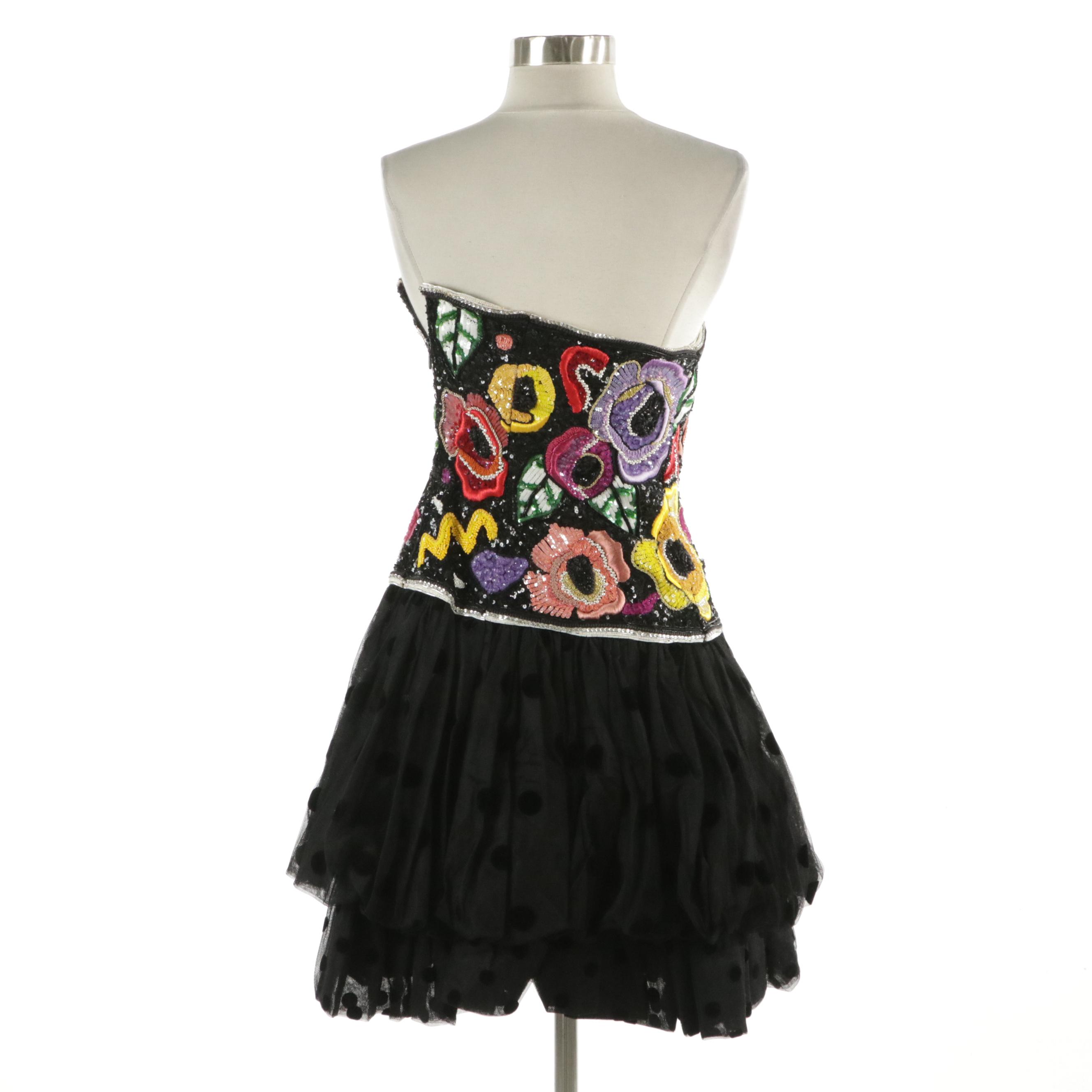 Louis Féraud Floral Bead/Sequin Embellished and Embroidered Party Dress, 1980s