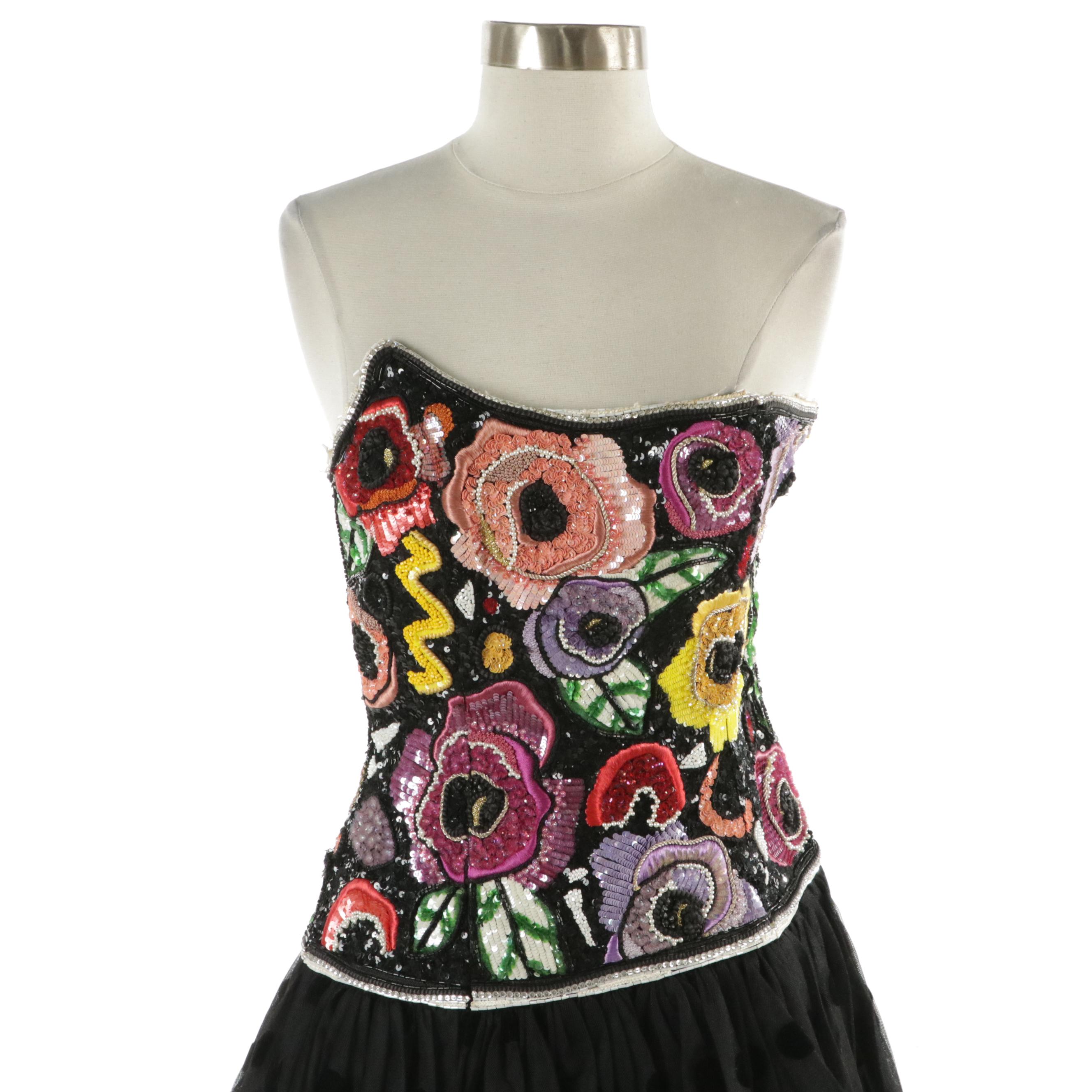Louis Féraud Floral Bead/Sequin Embellished and Embroidered Party Dress, 1980s