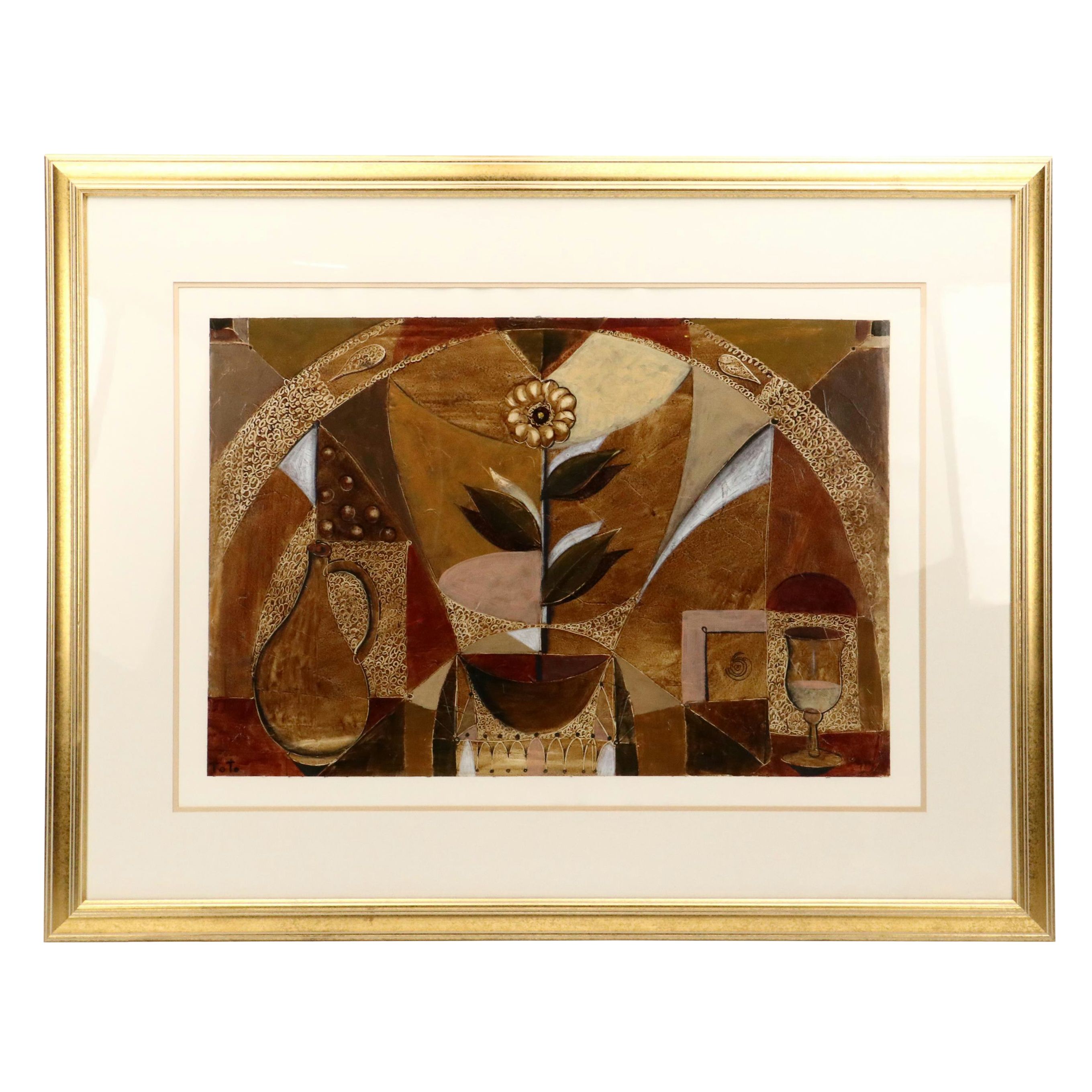 Abstract Mixed Media Painting of Floral Still Life, 21st Century