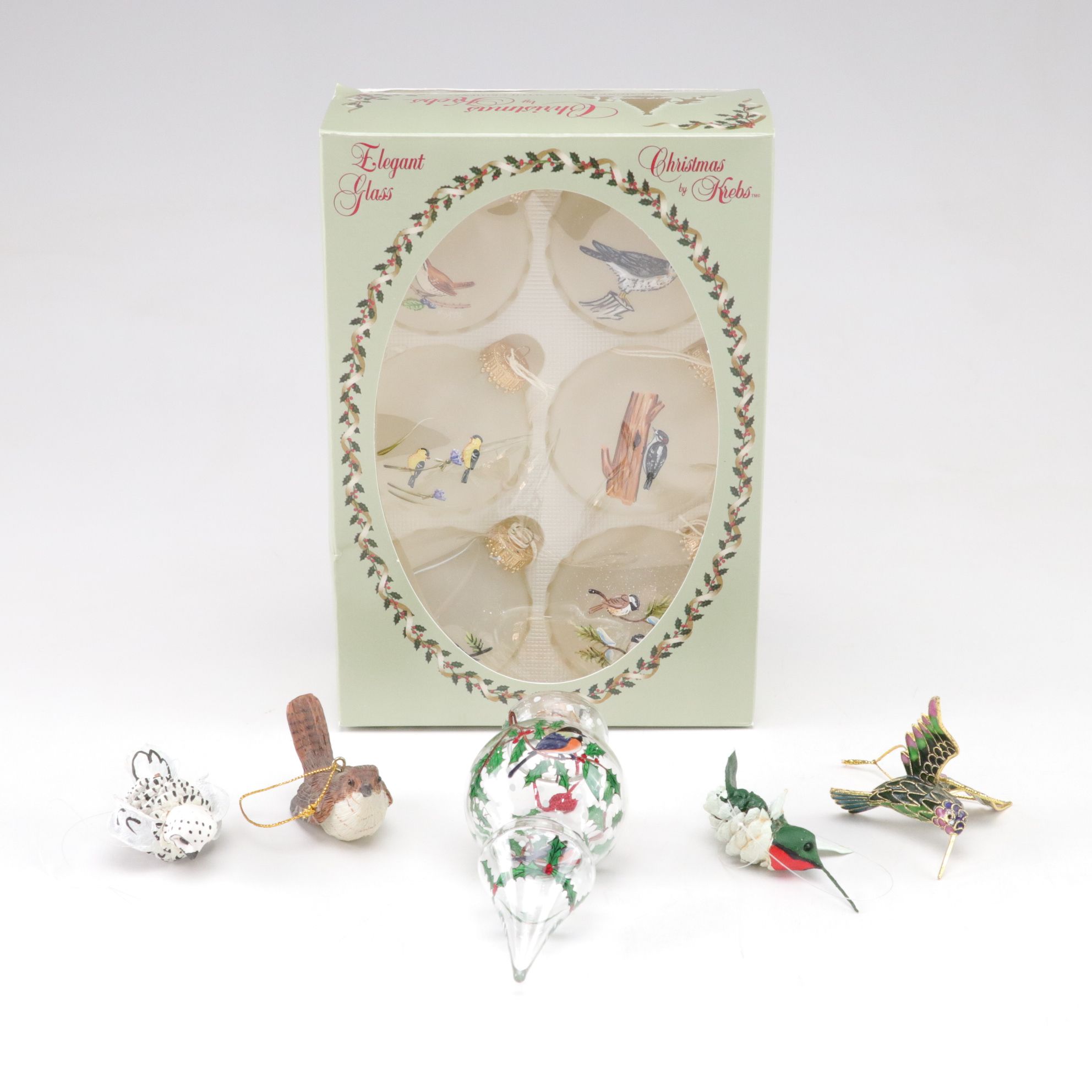 Folk Art Pine Cone & Hand Painted Glass Bird Christmas Ornaments