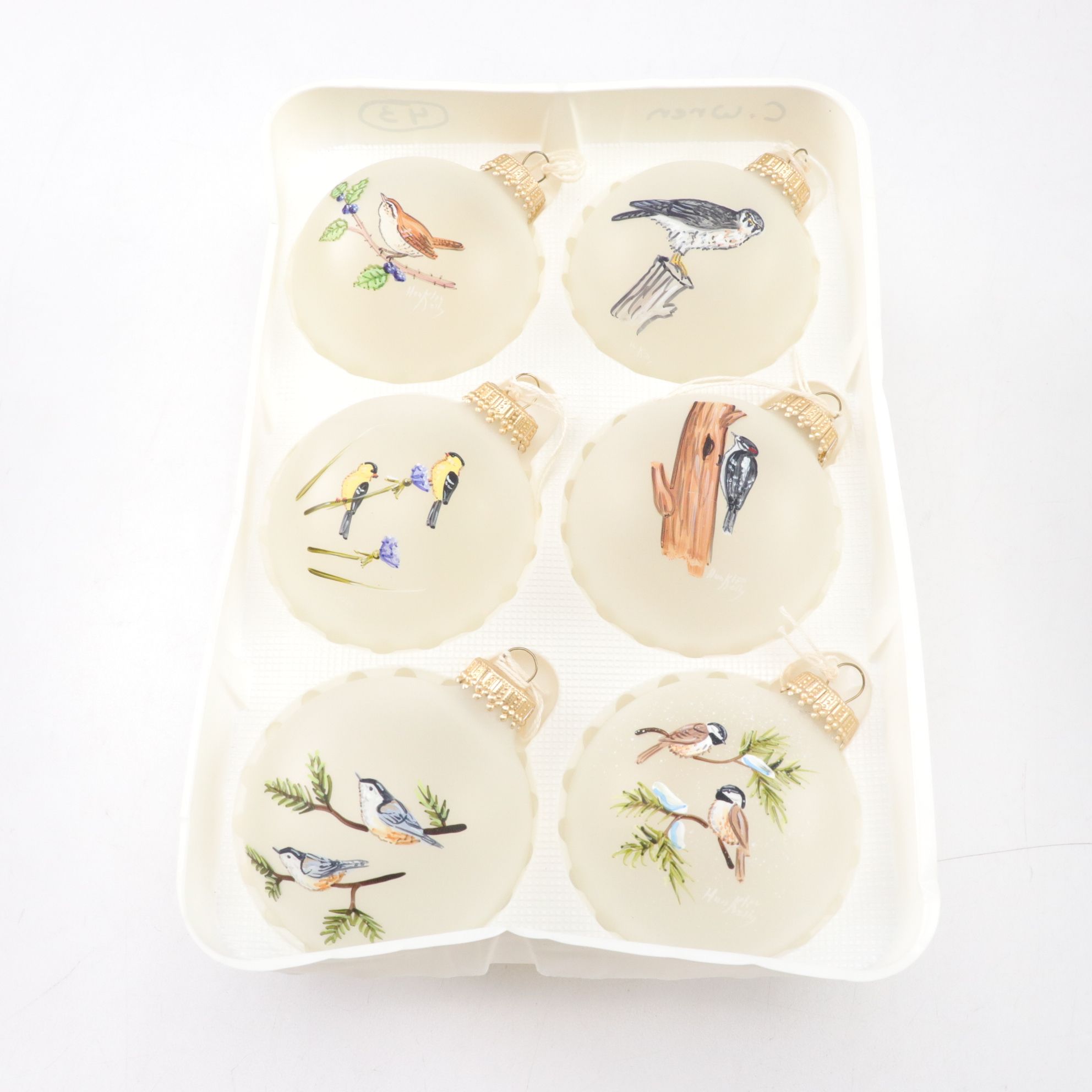 Folk Art Pine Cone & Hand Painted Glass Bird Christmas Ornaments