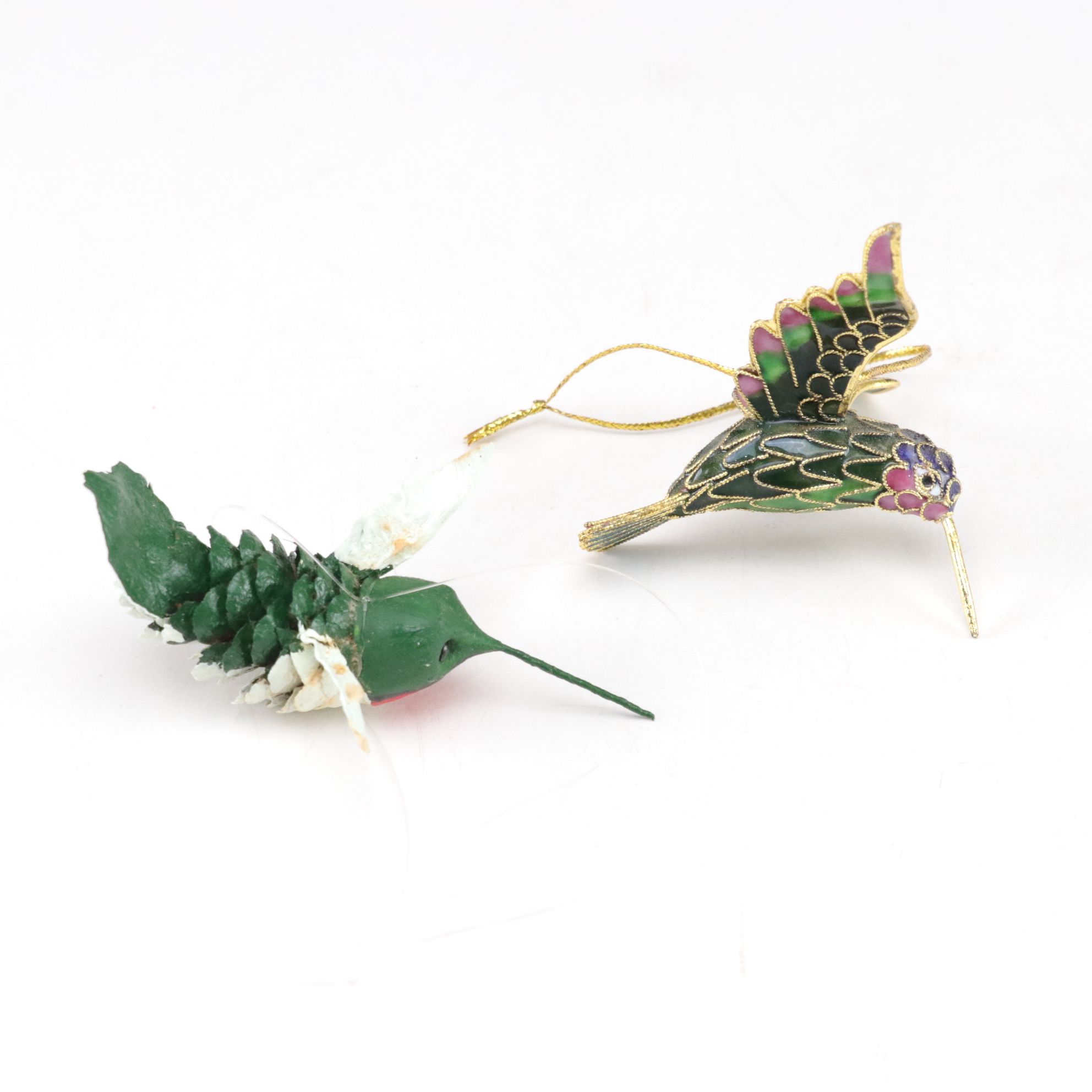 Folk Art Pine Cone & Hand Painted Glass Bird Christmas Ornaments