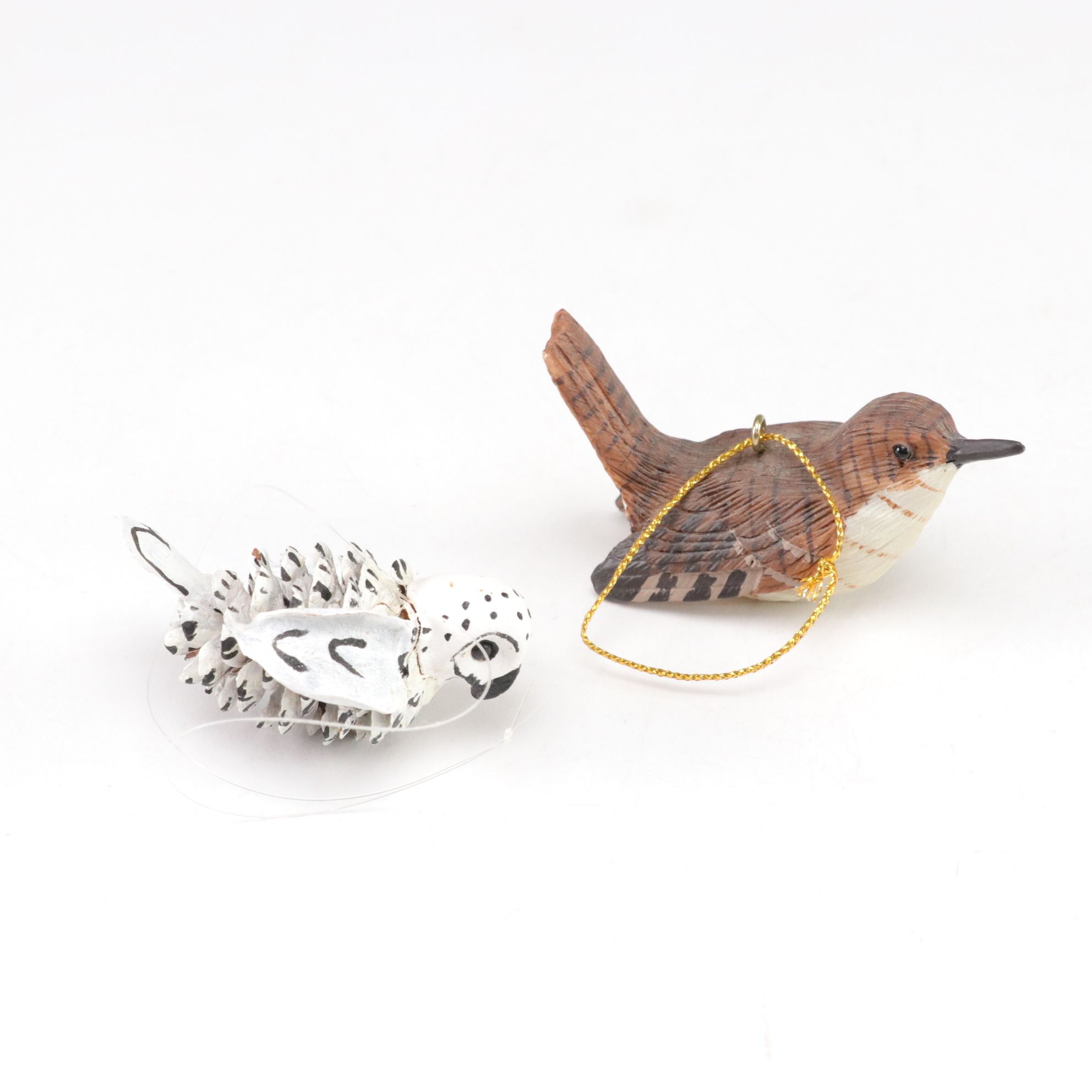 Folk Art Pine Cone & Hand Painted Glass Bird Christmas Ornaments