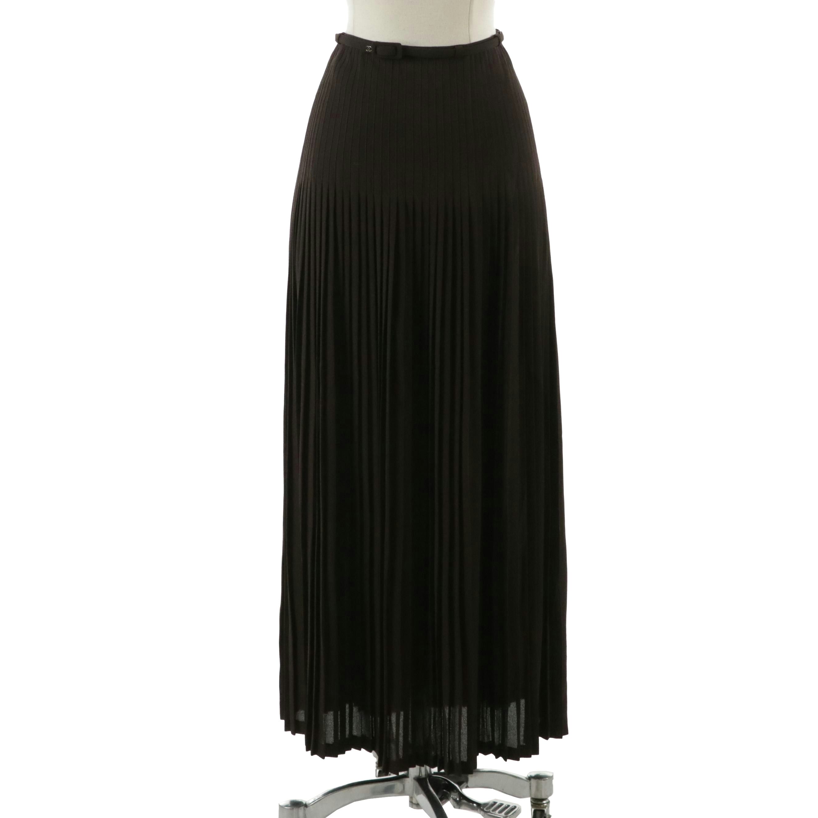Chanel Chocolate Brown Pleated Polyester Maxi Skirt, Late 20th Century