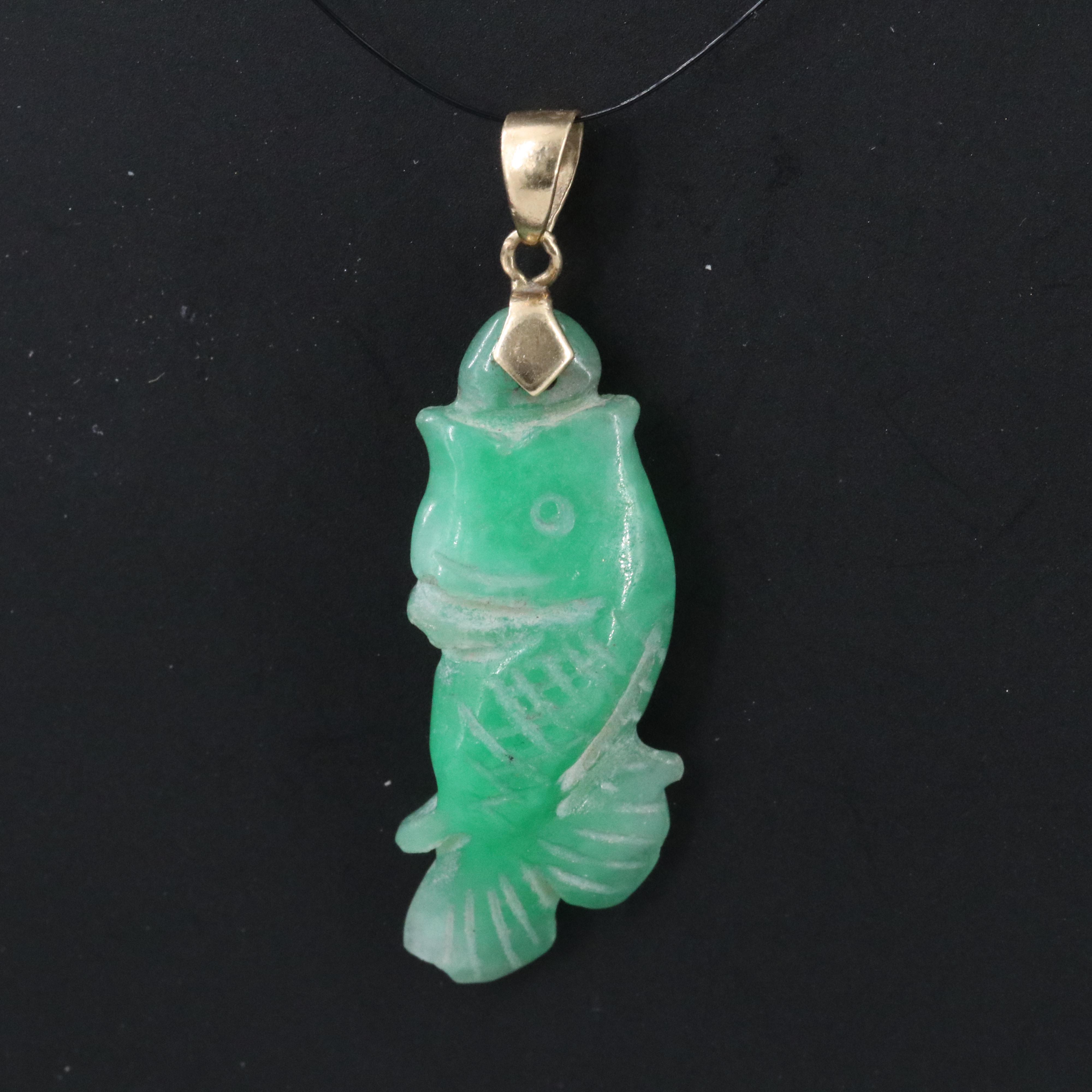 10K Carved Jadeite Fish Pendant