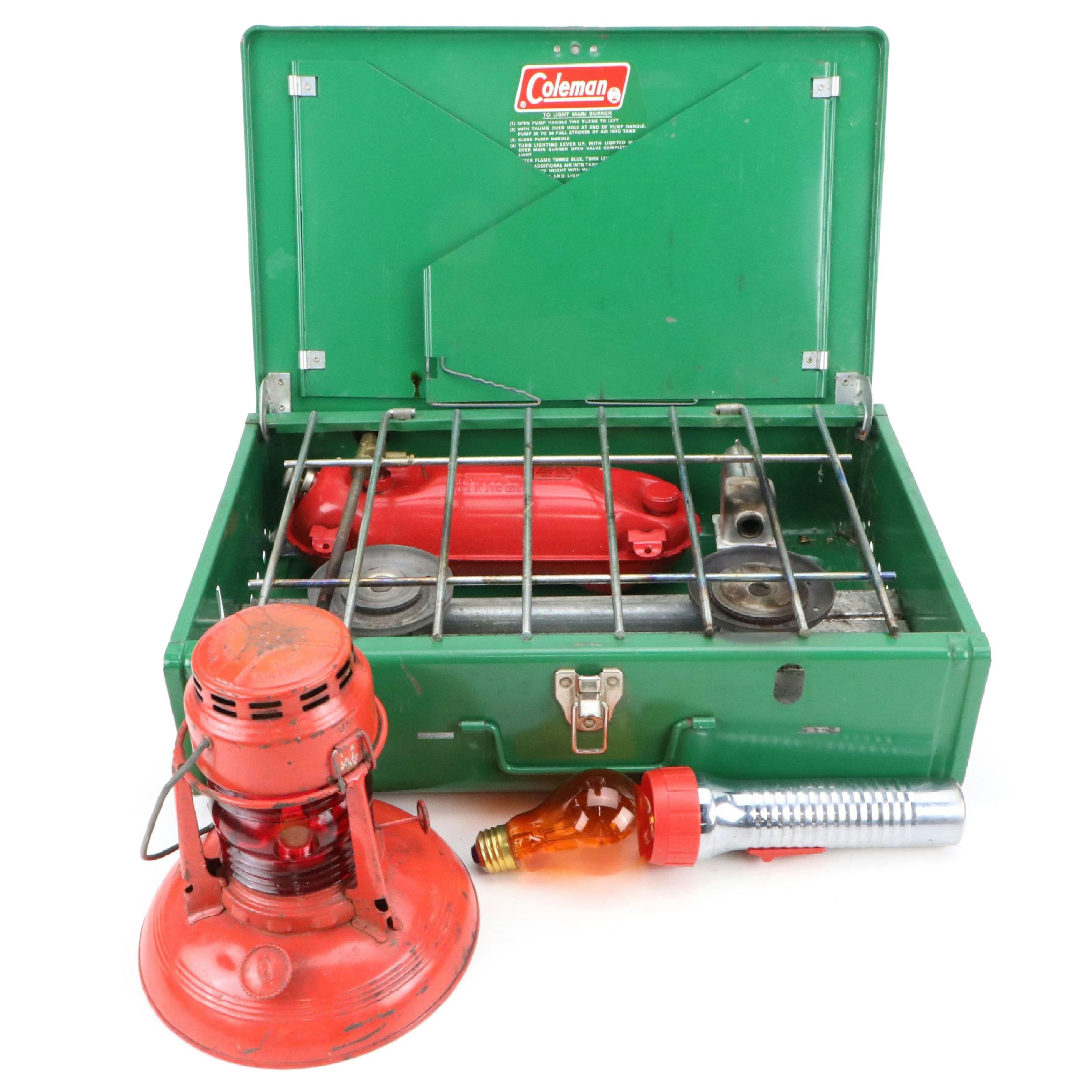 Coleman Two Burner Camping Stove with Dietz Lantern and Other Outdoor Tools