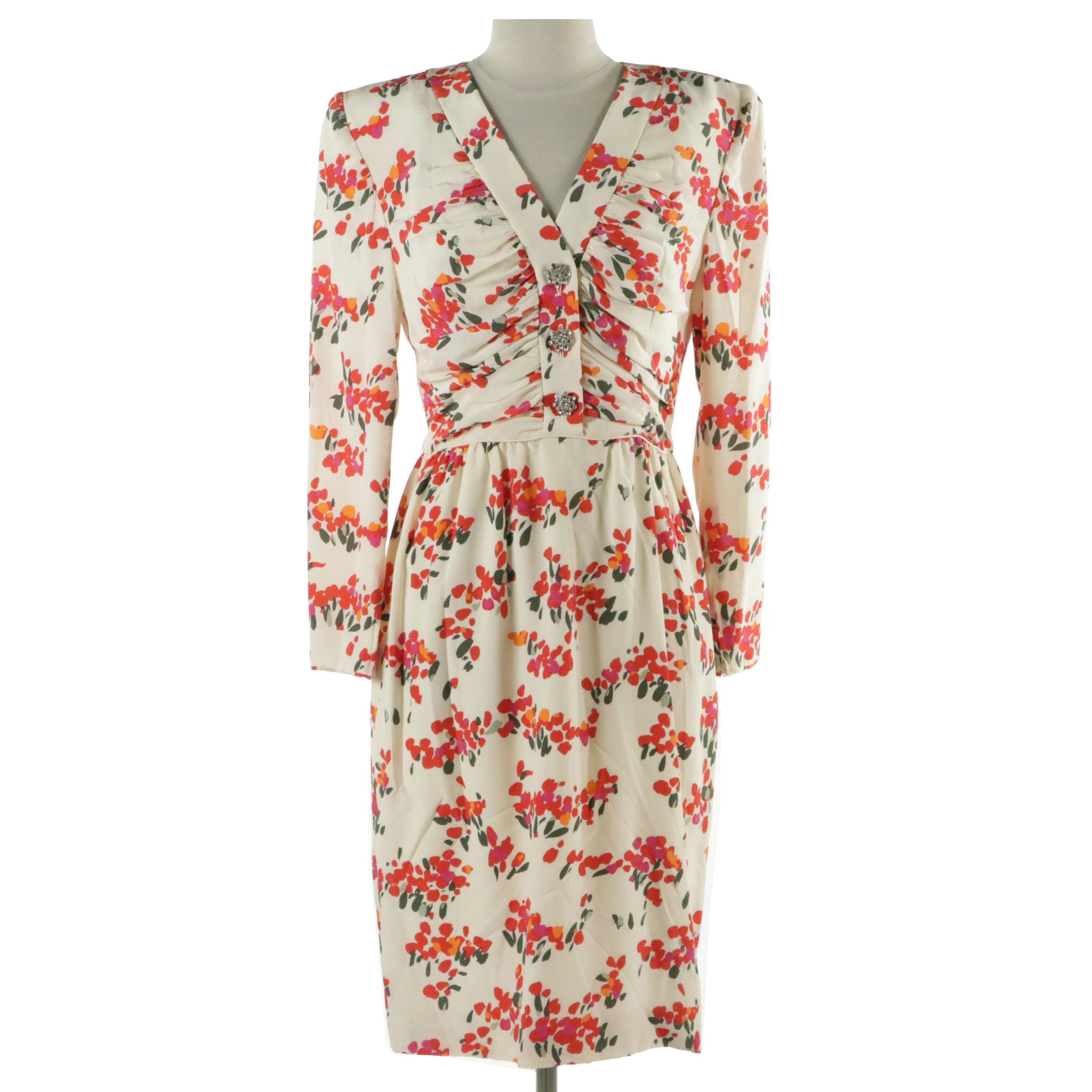 Night by Valentino Vintage Floral Silk Long Sleeve Dress with Rhinestone Buttons