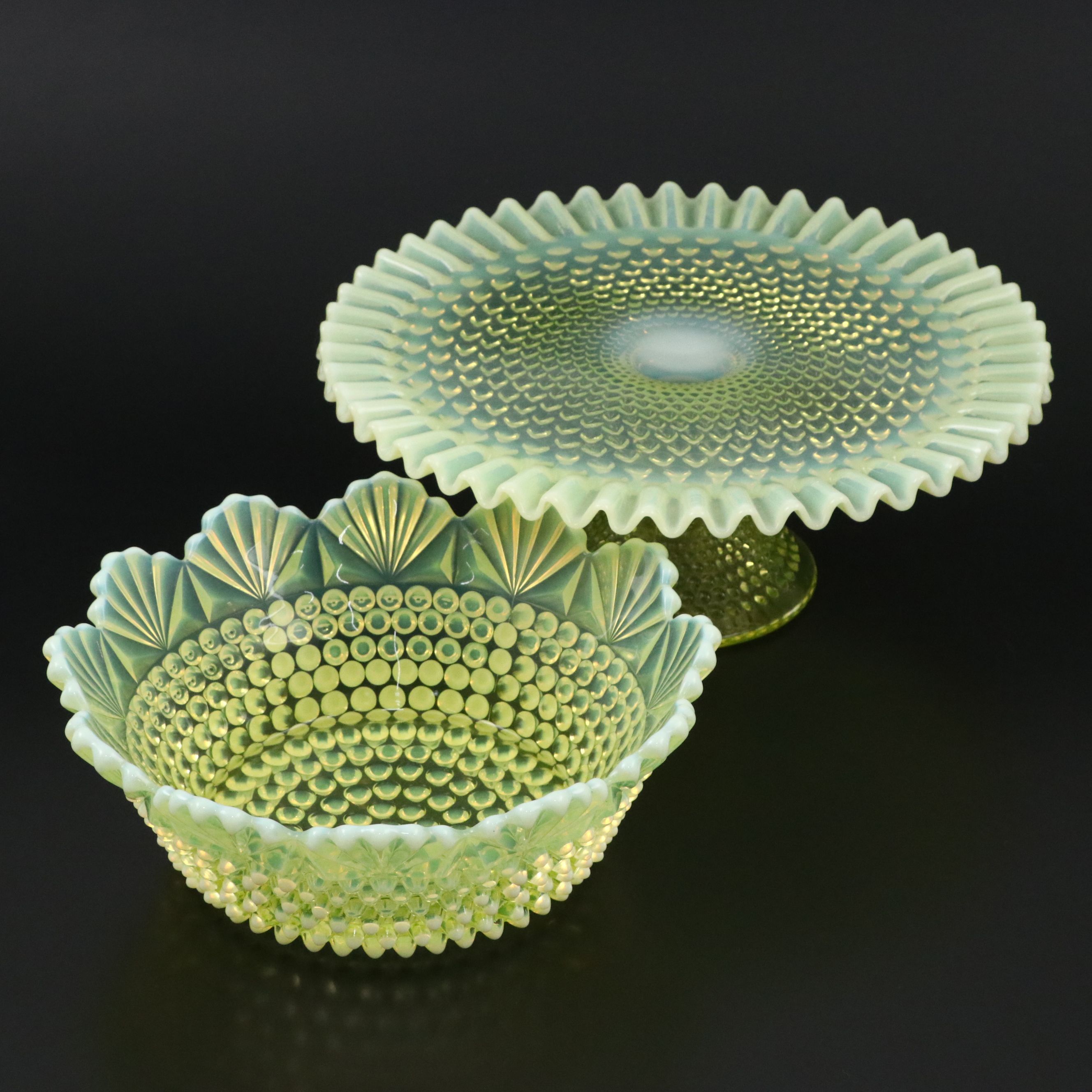 Imperial "Dewdrop" Hobnail Vaseline Glass Bowl with Fenton Cake Stand