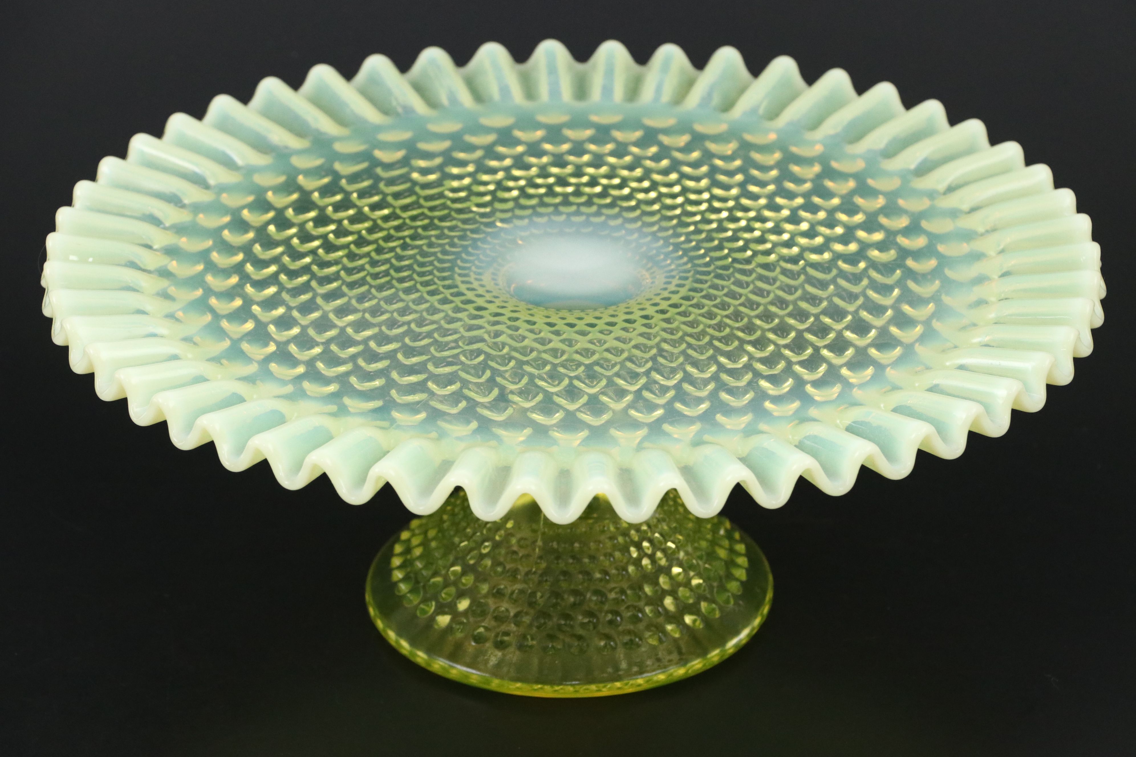 Imperial "Dewdrop" Hobnail Vaseline Glass Bowl with Fenton Cake Stand