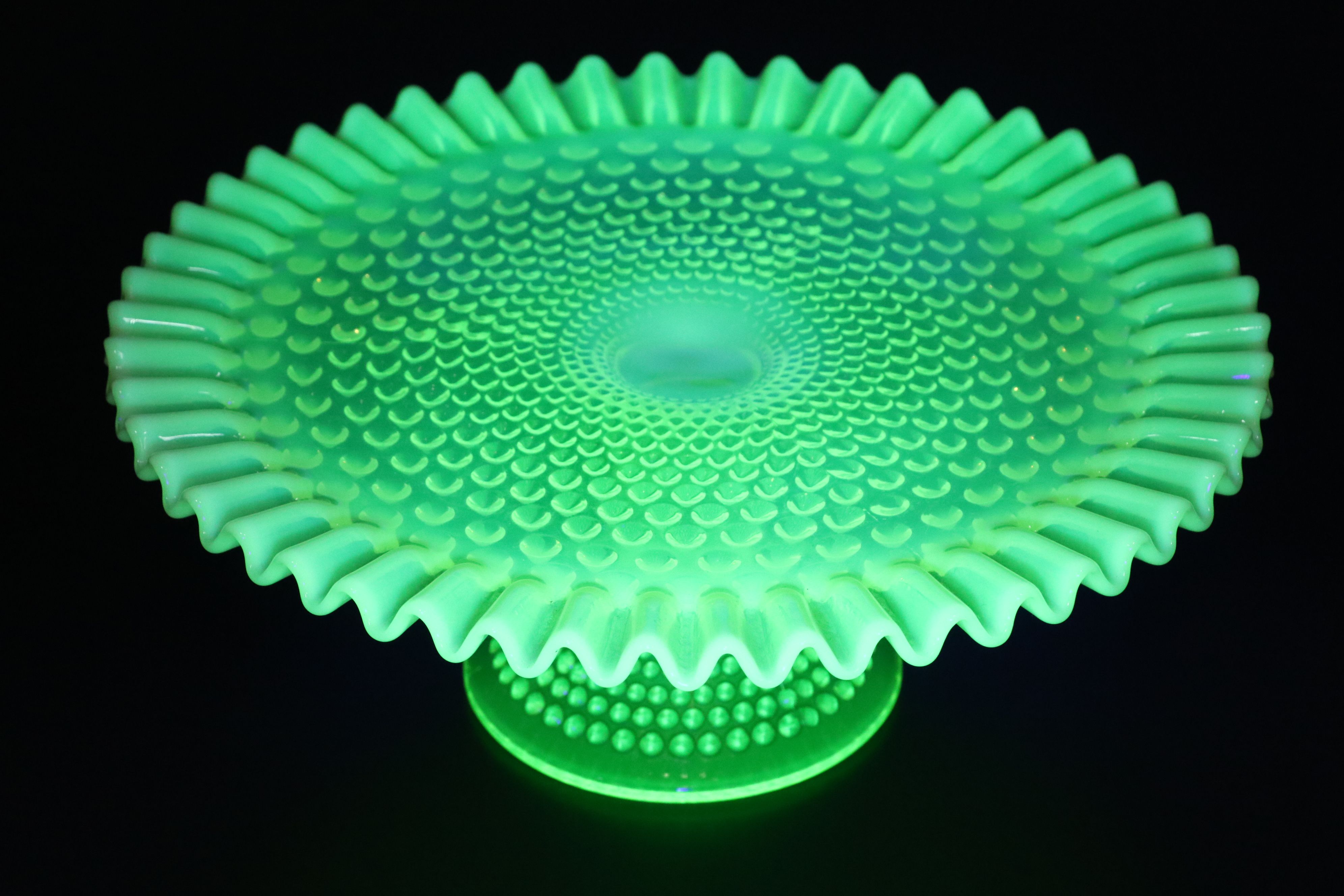 Imperial "Dewdrop" Hobnail Vaseline Glass Bowl with Fenton Cake Stand