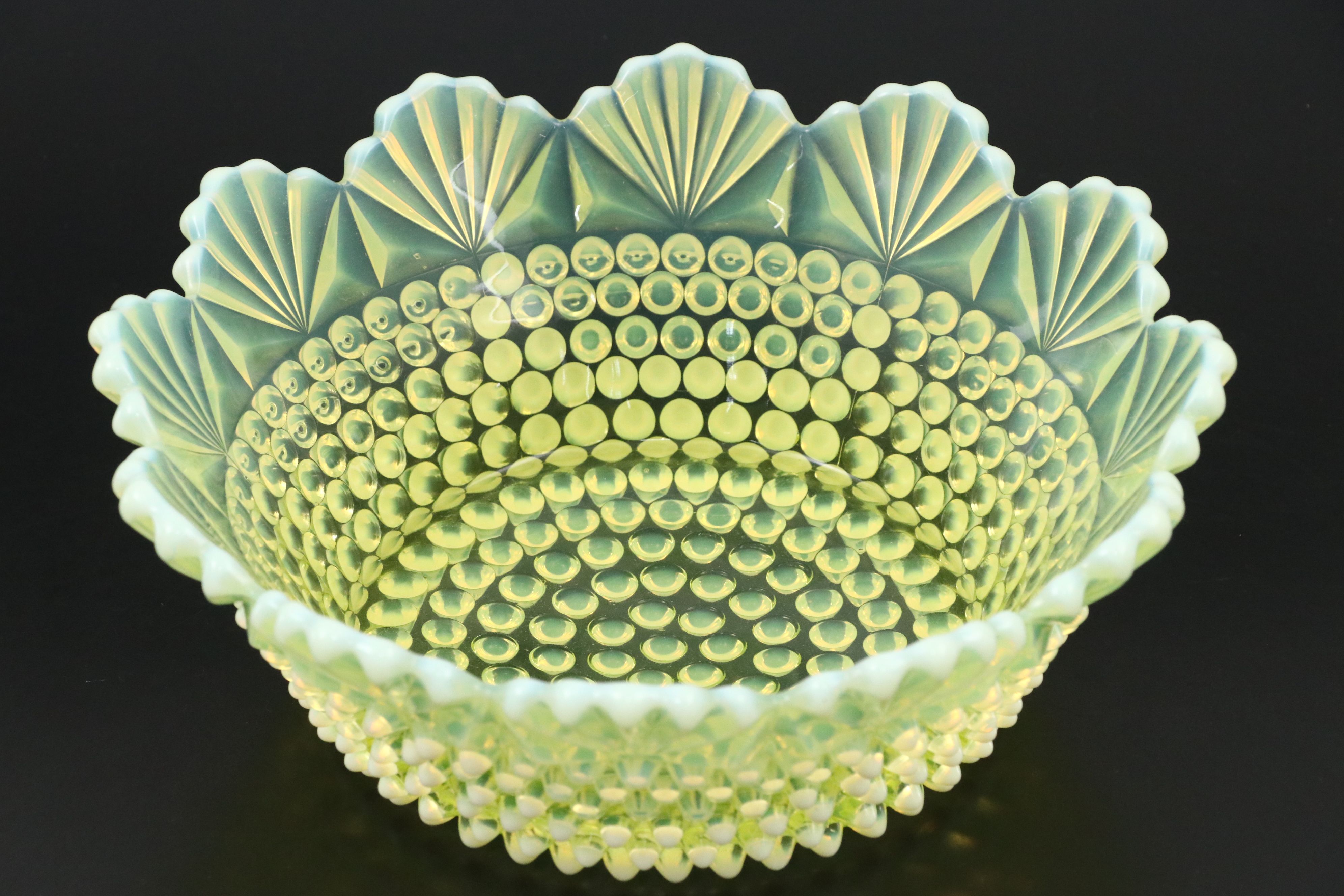 Imperial "Dewdrop" Hobnail Vaseline Glass Bowl with Fenton Cake Stand
