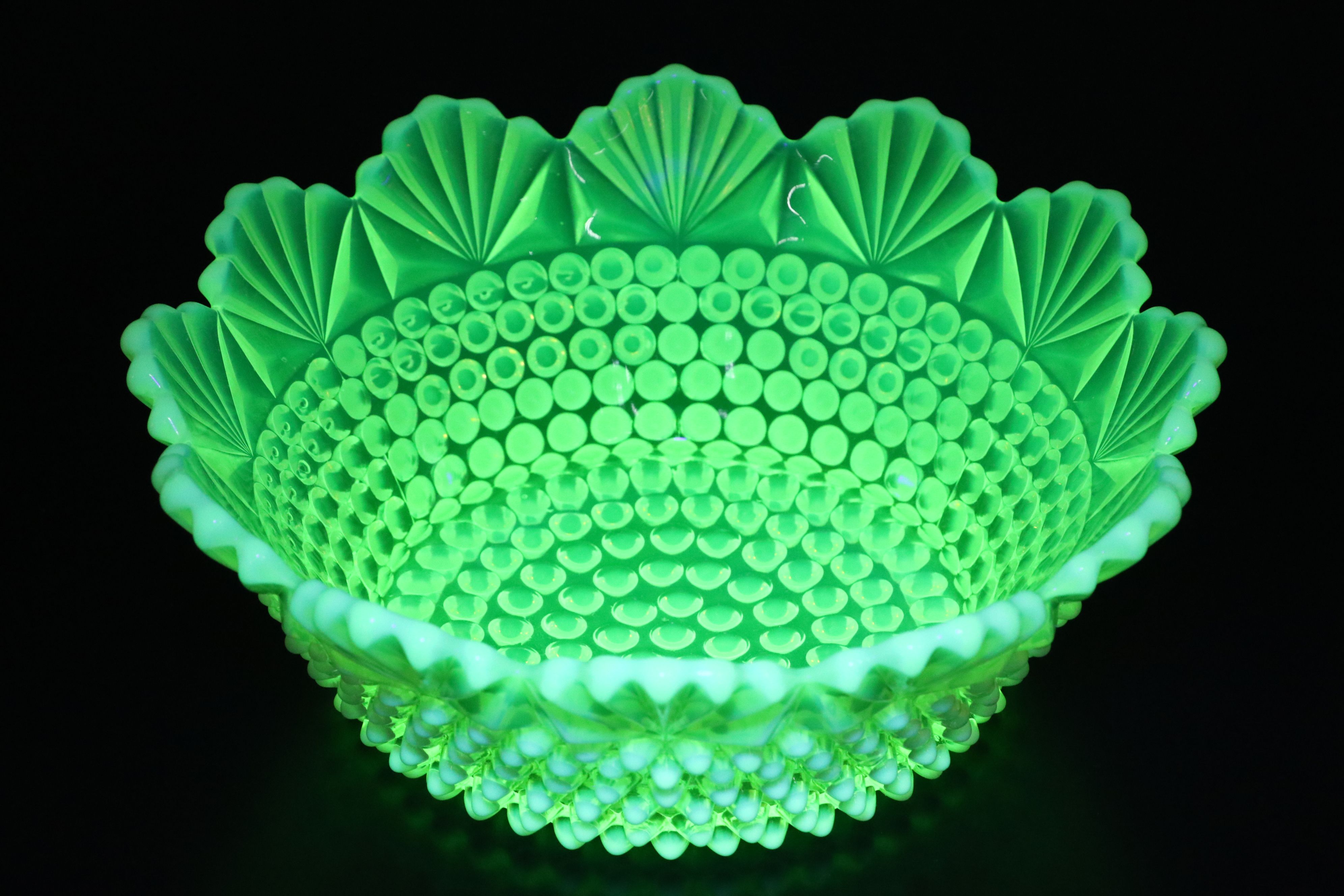 Imperial "Dewdrop" Hobnail Vaseline Glass Bowl with Fenton Cake Stand