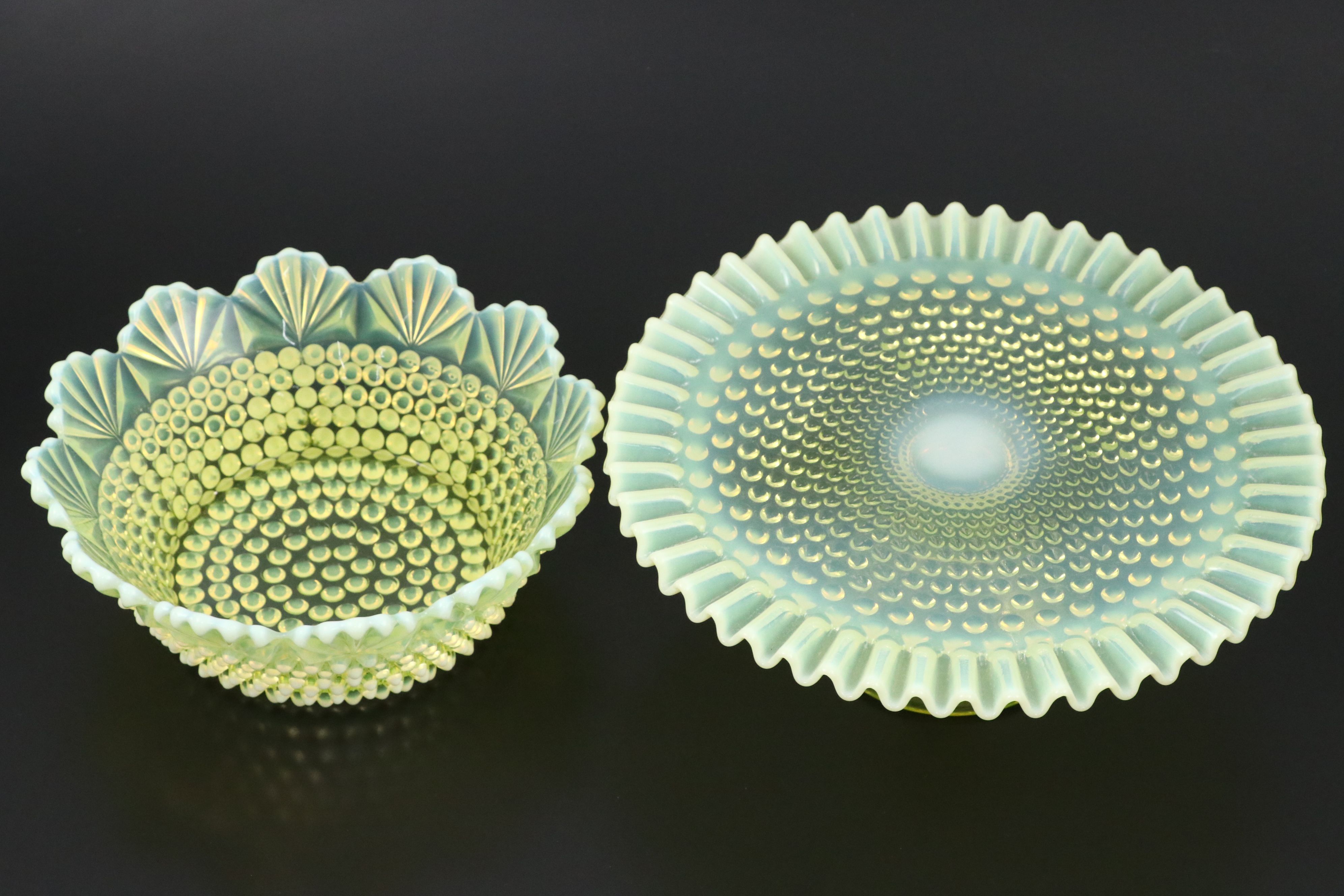 Imperial "Dewdrop" Hobnail Vaseline Glass Bowl with Fenton Cake Stand