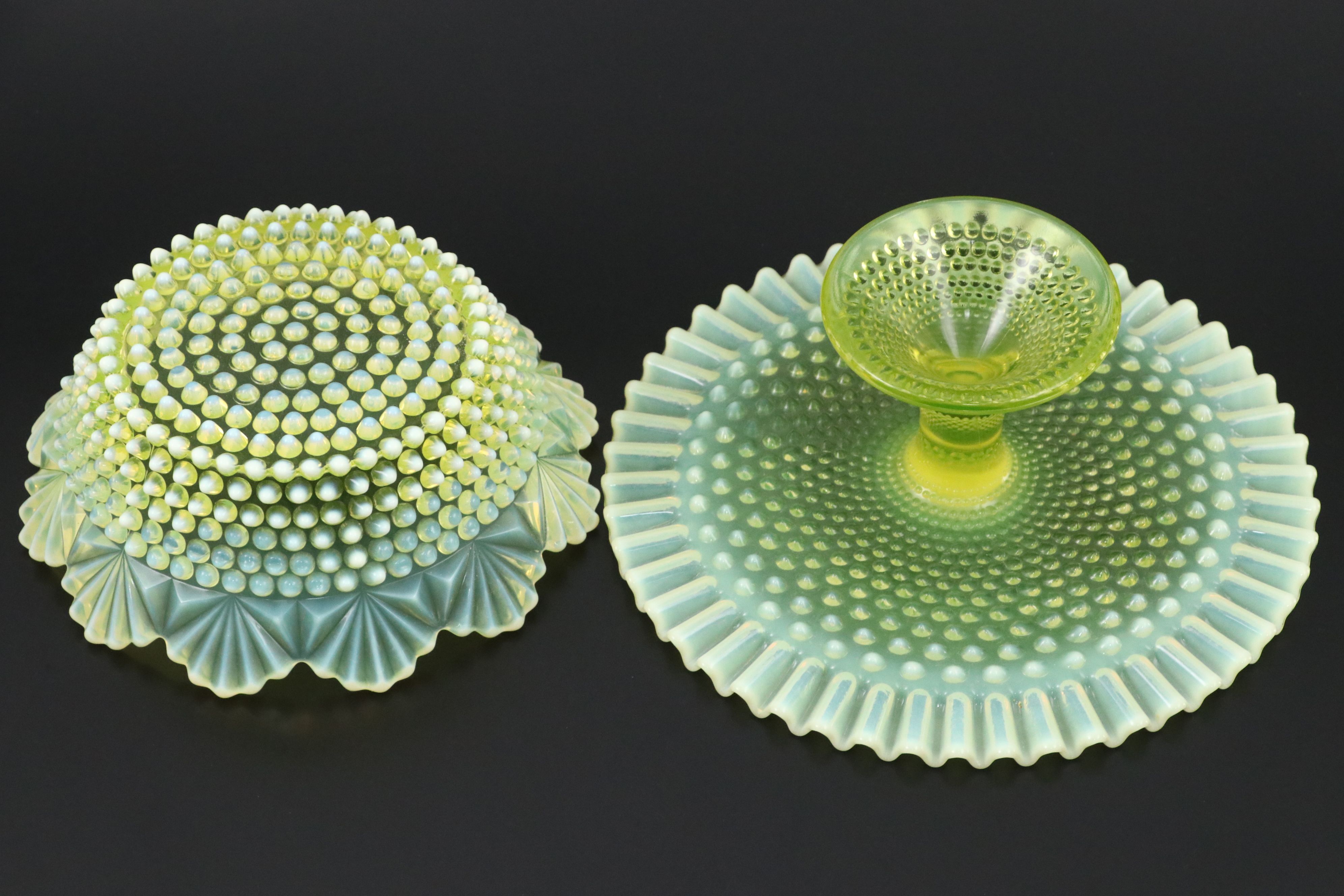 Imperial "Dewdrop" Hobnail Vaseline Glass Bowl with Fenton Cake Stand