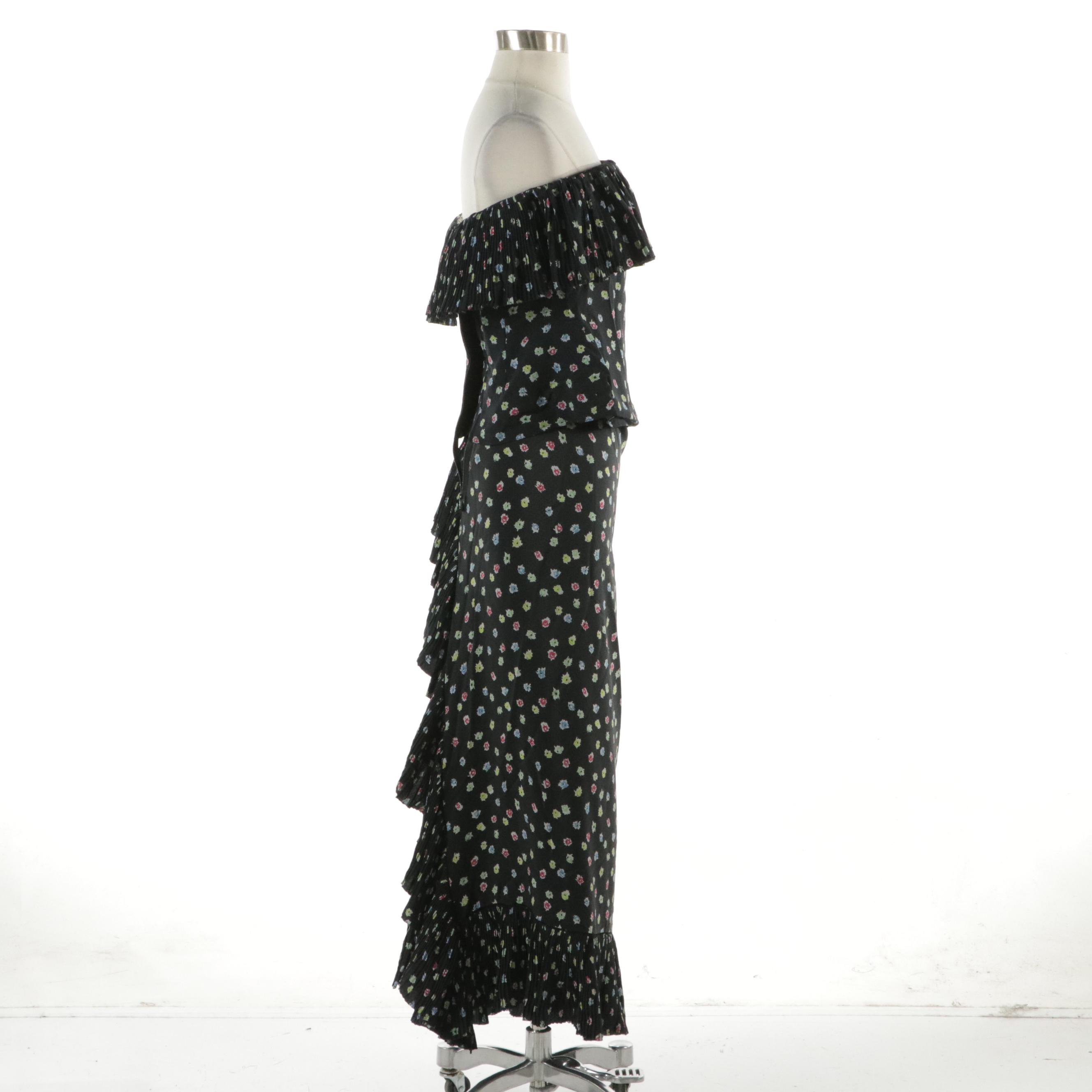 Chloé Vintage Strapless Top and Maxi Wrap Skirt in Pleated Floral Silk Jacquard