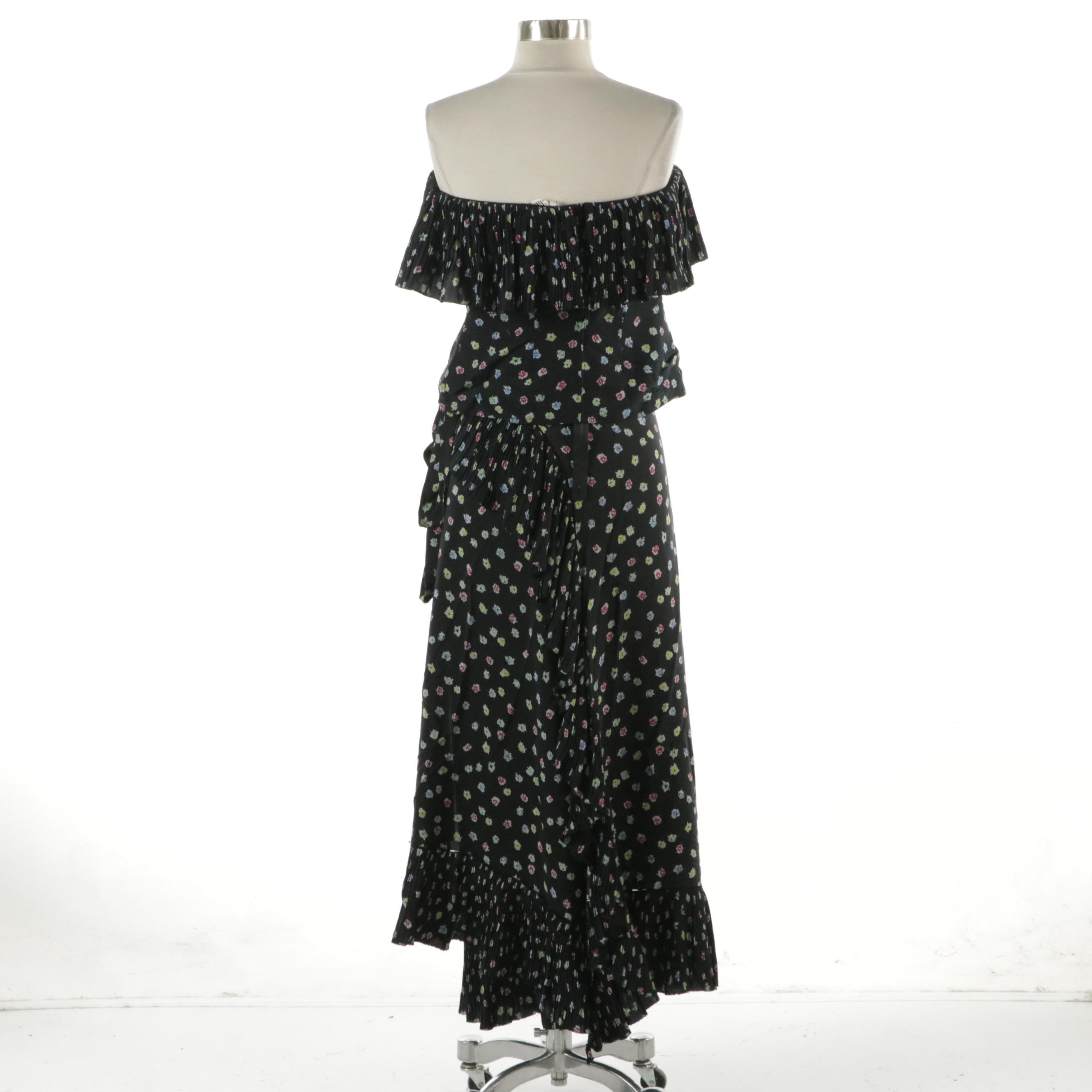 Chloé Vintage Strapless Top and Maxi Wrap Skirt in Pleated Floral Silk Jacquard