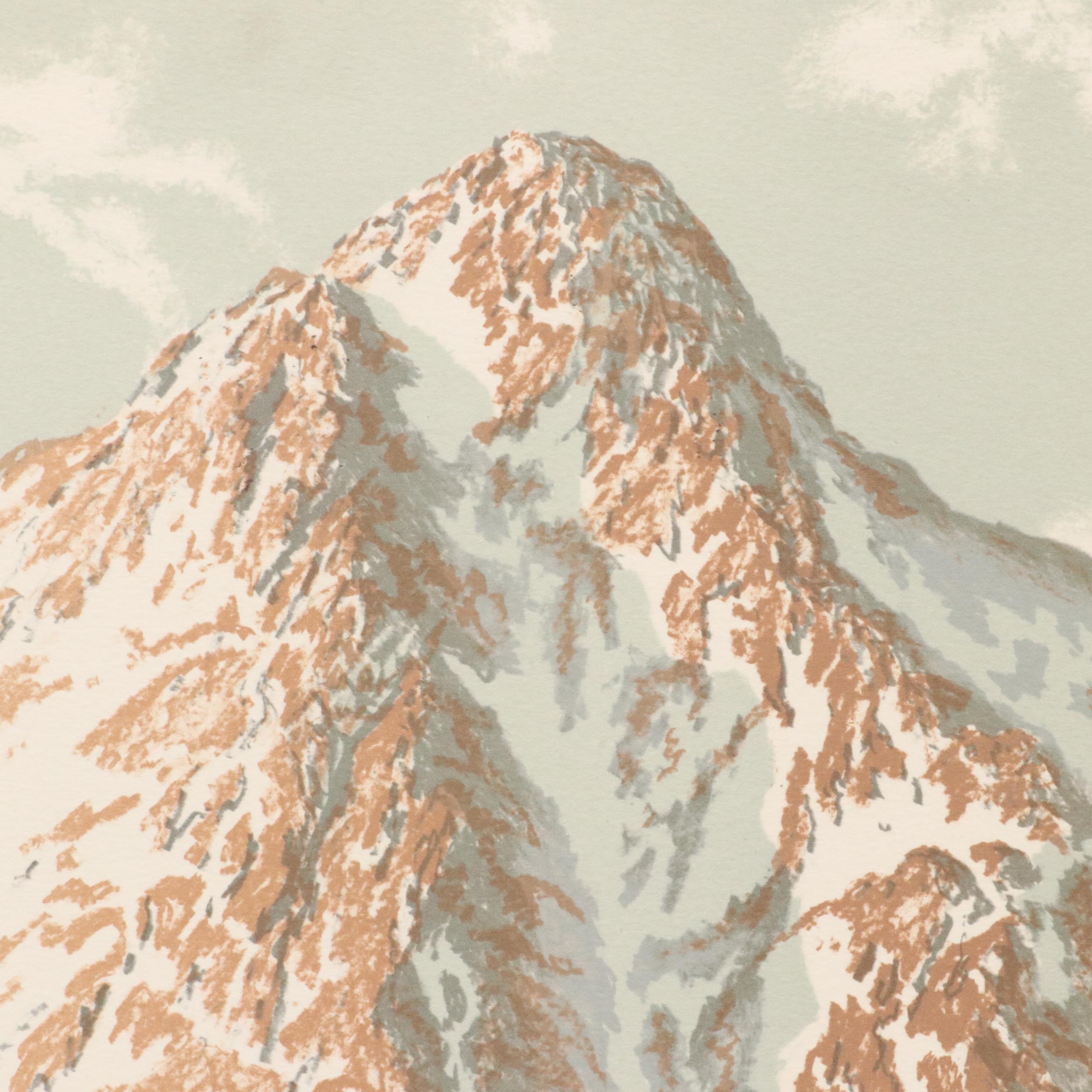 American School Color Lithograph Landscape "Mountain Majesty," 1977