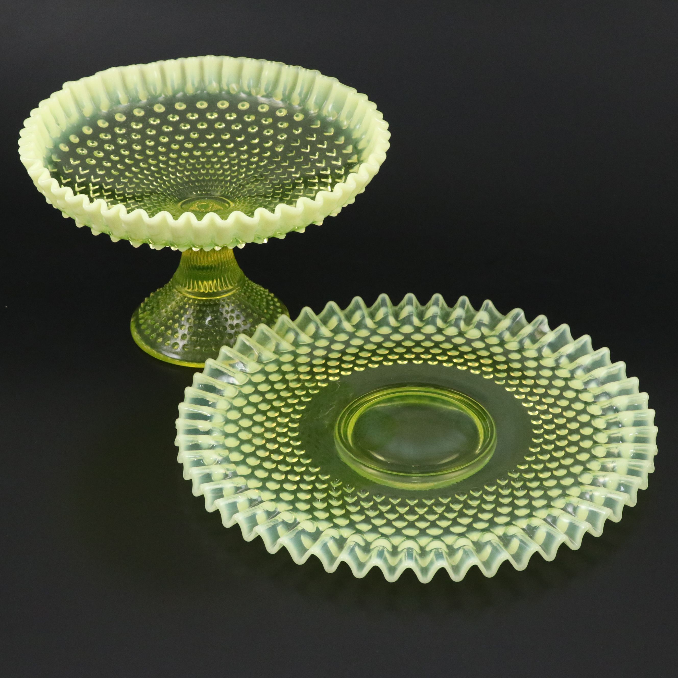 Fenton Hobnail Vaseline Opalescent Glass Cake Plate and Pedestal Bowl