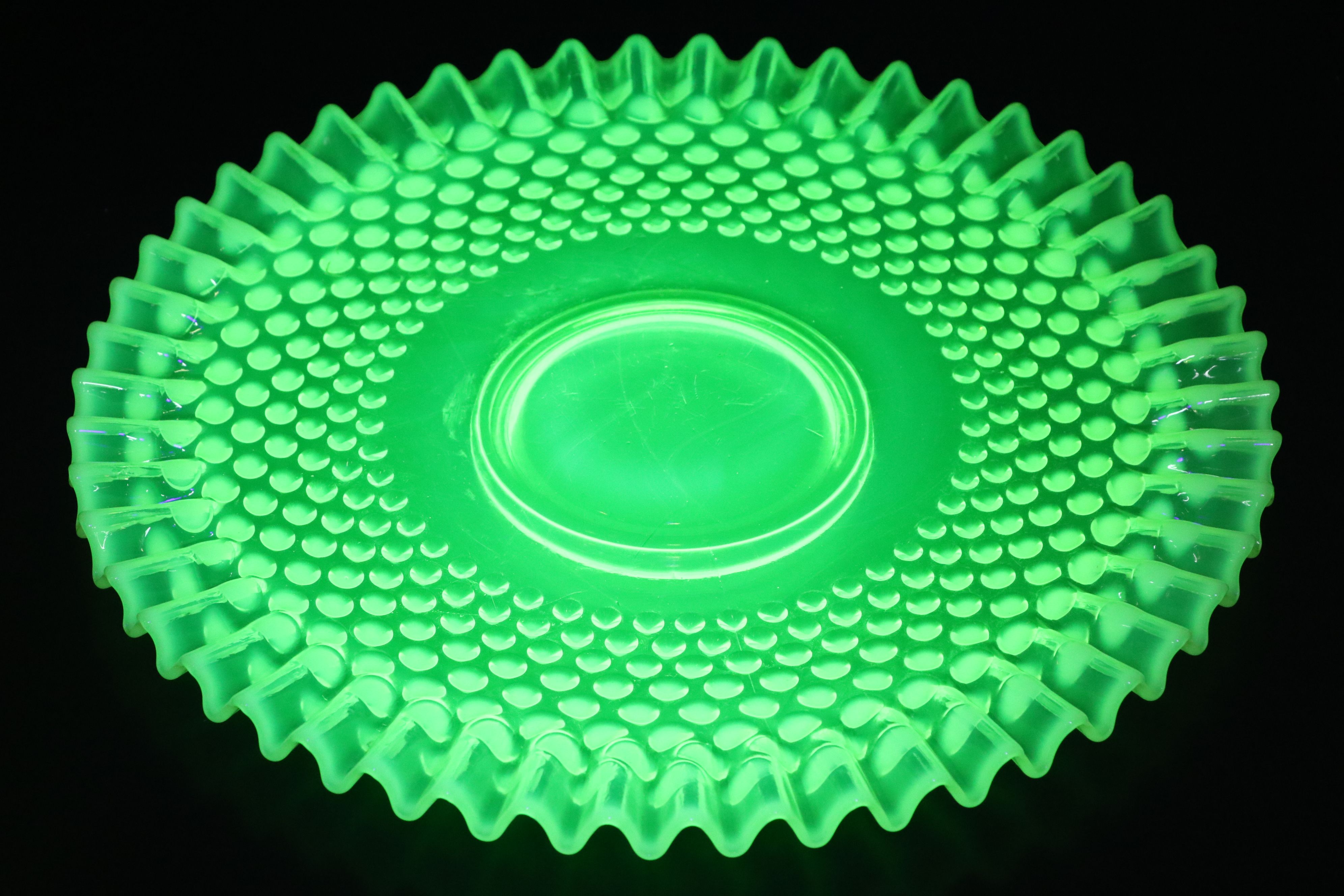 Fenton Hobnail Vaseline Opalescent Glass Cake Plate and Pedestal Bowl