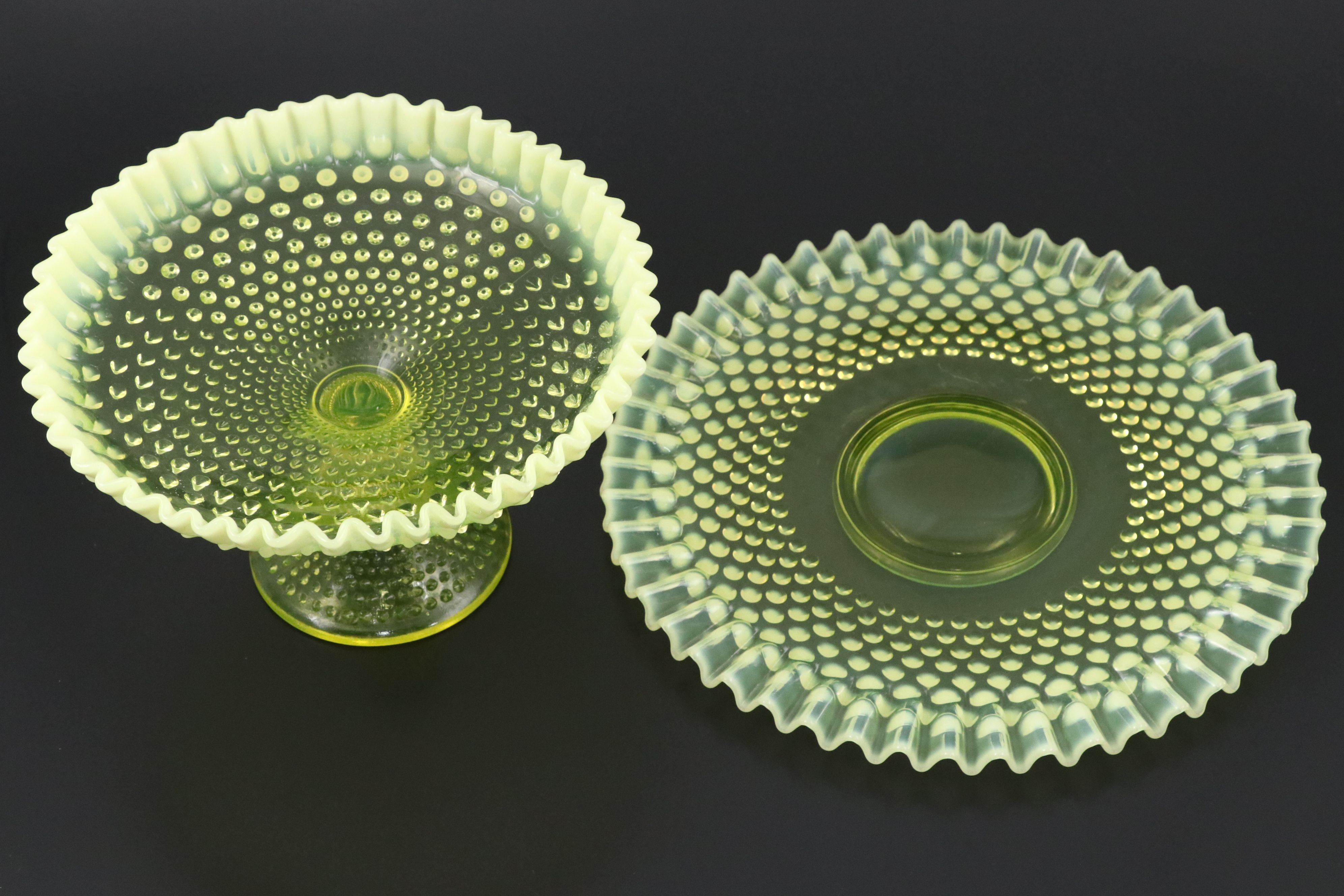 Fenton Hobnail Vaseline Opalescent Glass Cake Plate and Pedestal Bowl